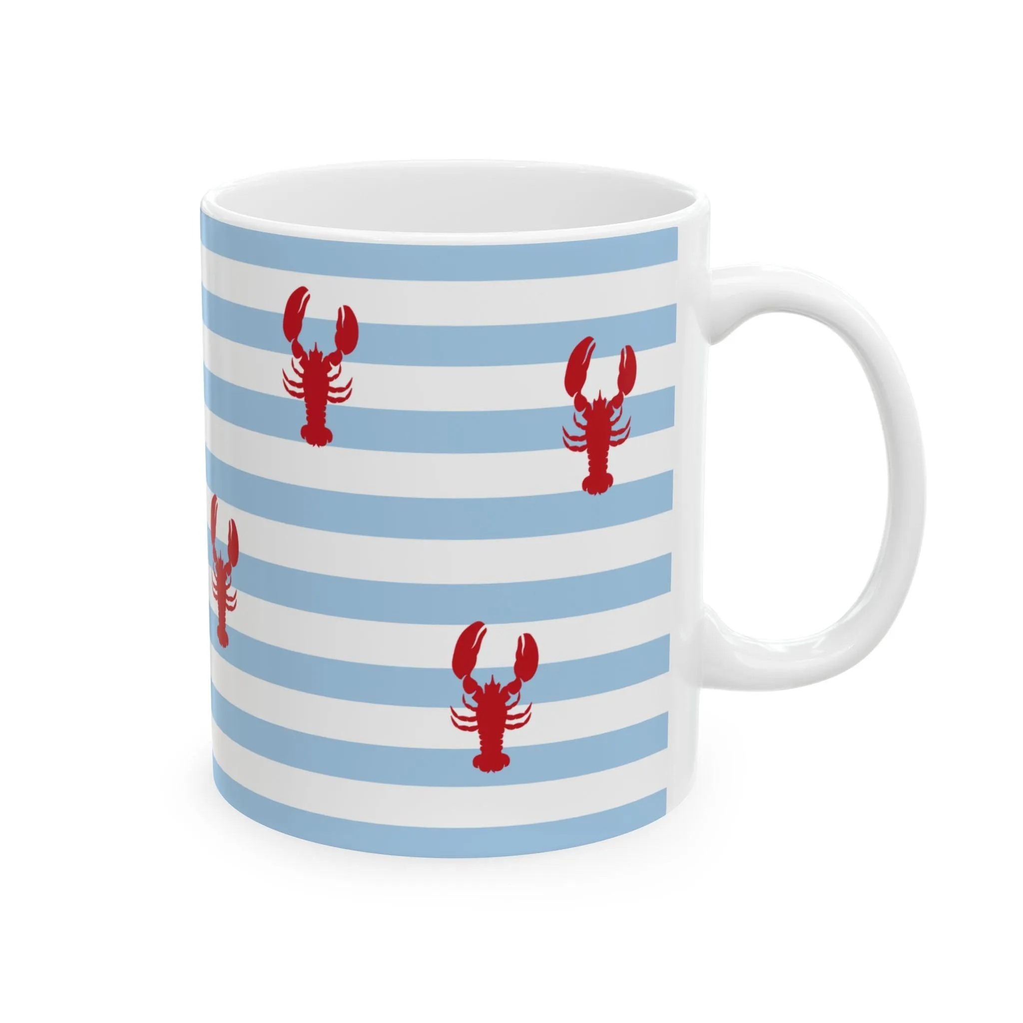 Lobster Striped Ceramic Mug, Nautical Coffee Cup for Seafood Lovers, Summer Gift, Coastal Kitchen Decor, Lobster Lover's Mug