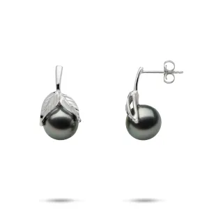 Maile Tahitian Black Pearl Earrings in White Gold - 9-10mm