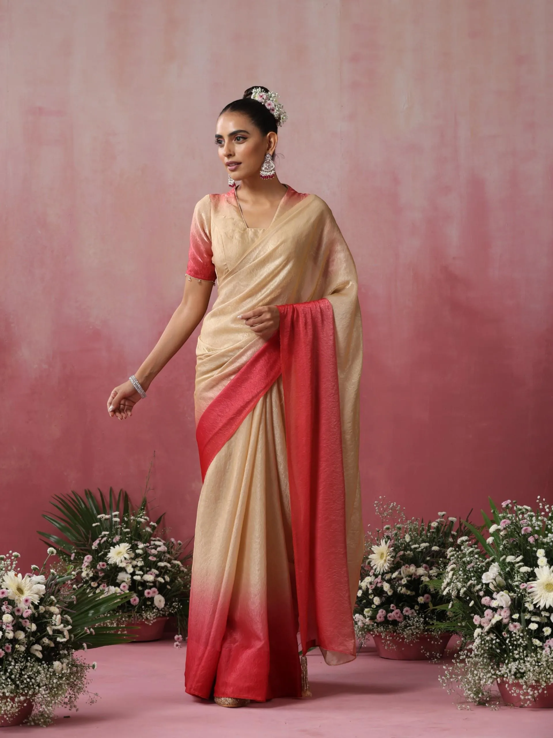 Malibu Blaze Ombre' Crushed Metallic Satin Saree with Blouse Fabric