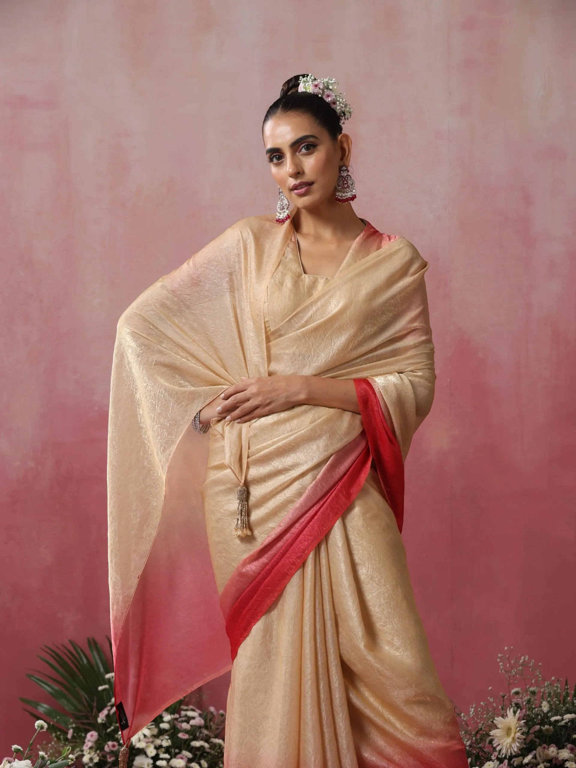 Malibu Blaze Ombre' Crushed Metallic Satin Saree with Blouse Fabric