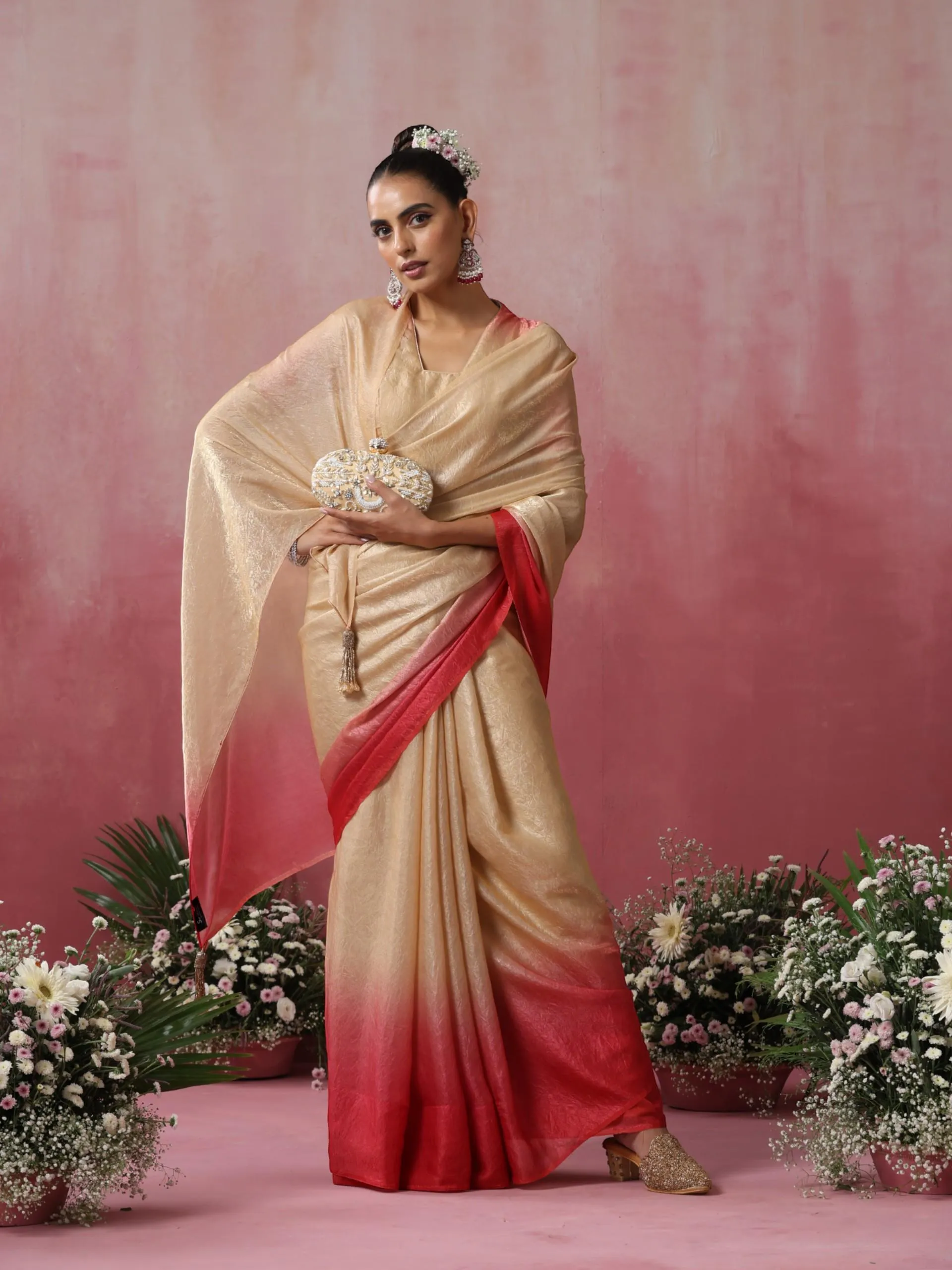 Malibu Blaze Ombre' Crushed Metallic Satin Saree with Blouse Fabric