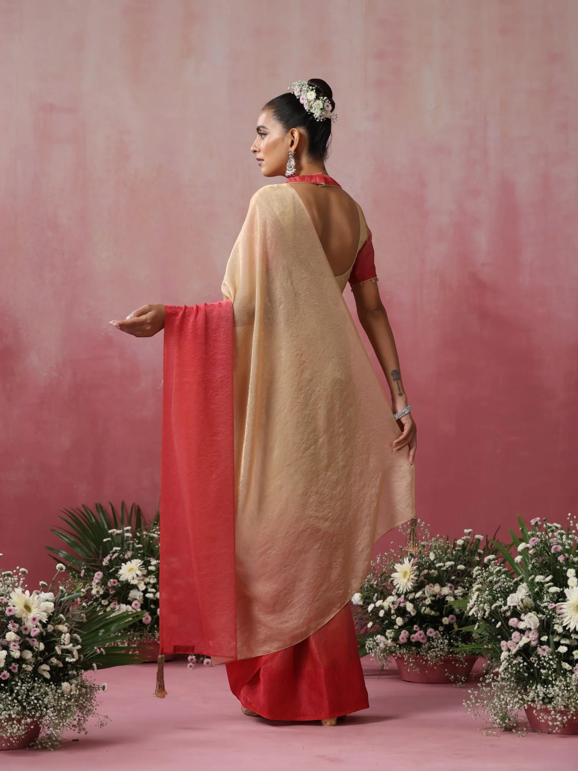 Malibu Blaze Ombre' Crushed Metallic Satin Saree with Blouse Fabric