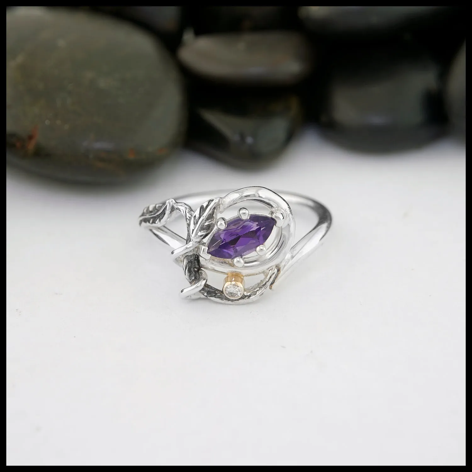 Marquise Amethyst and Diamond Nature Ring