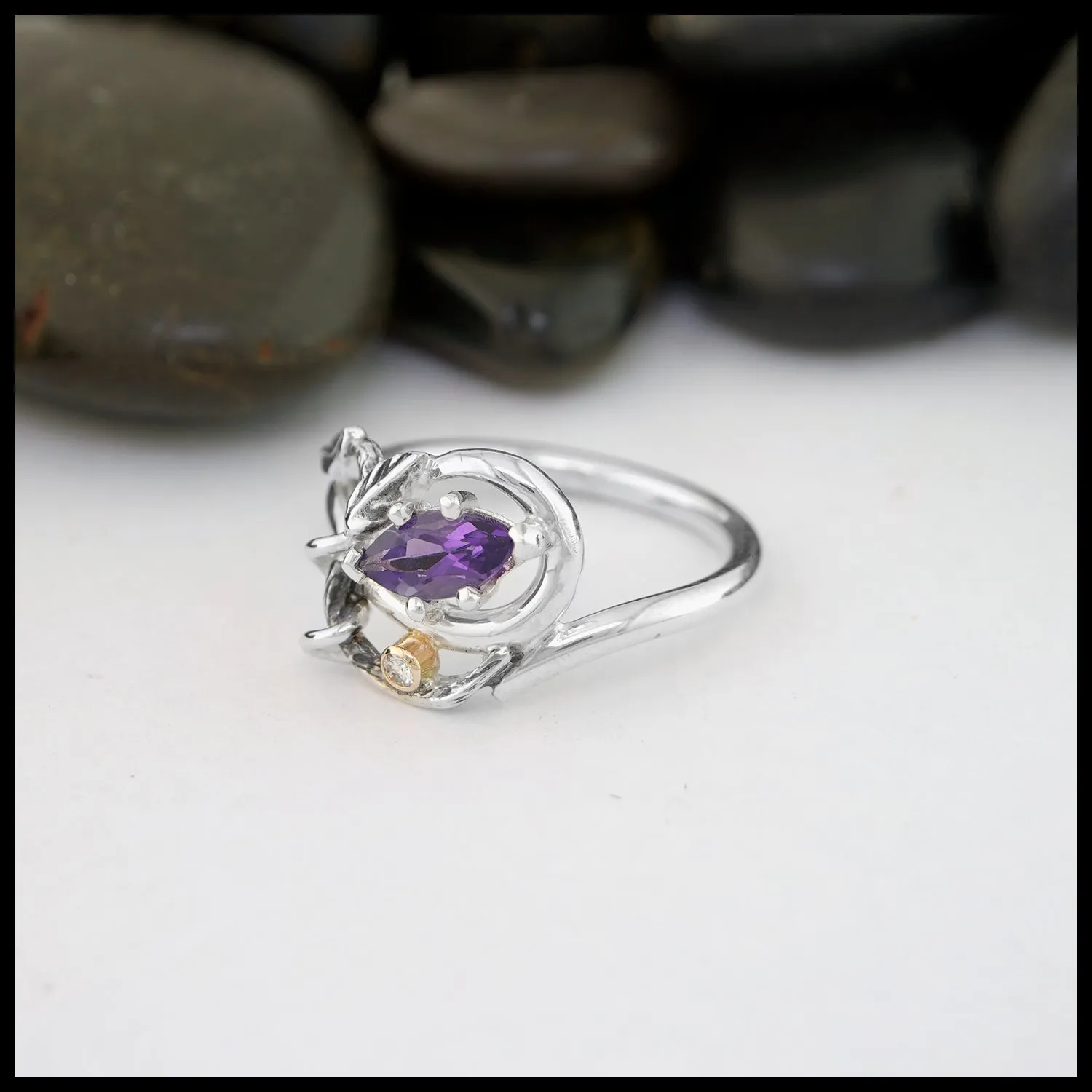 Marquise Amethyst and Diamond Nature Ring