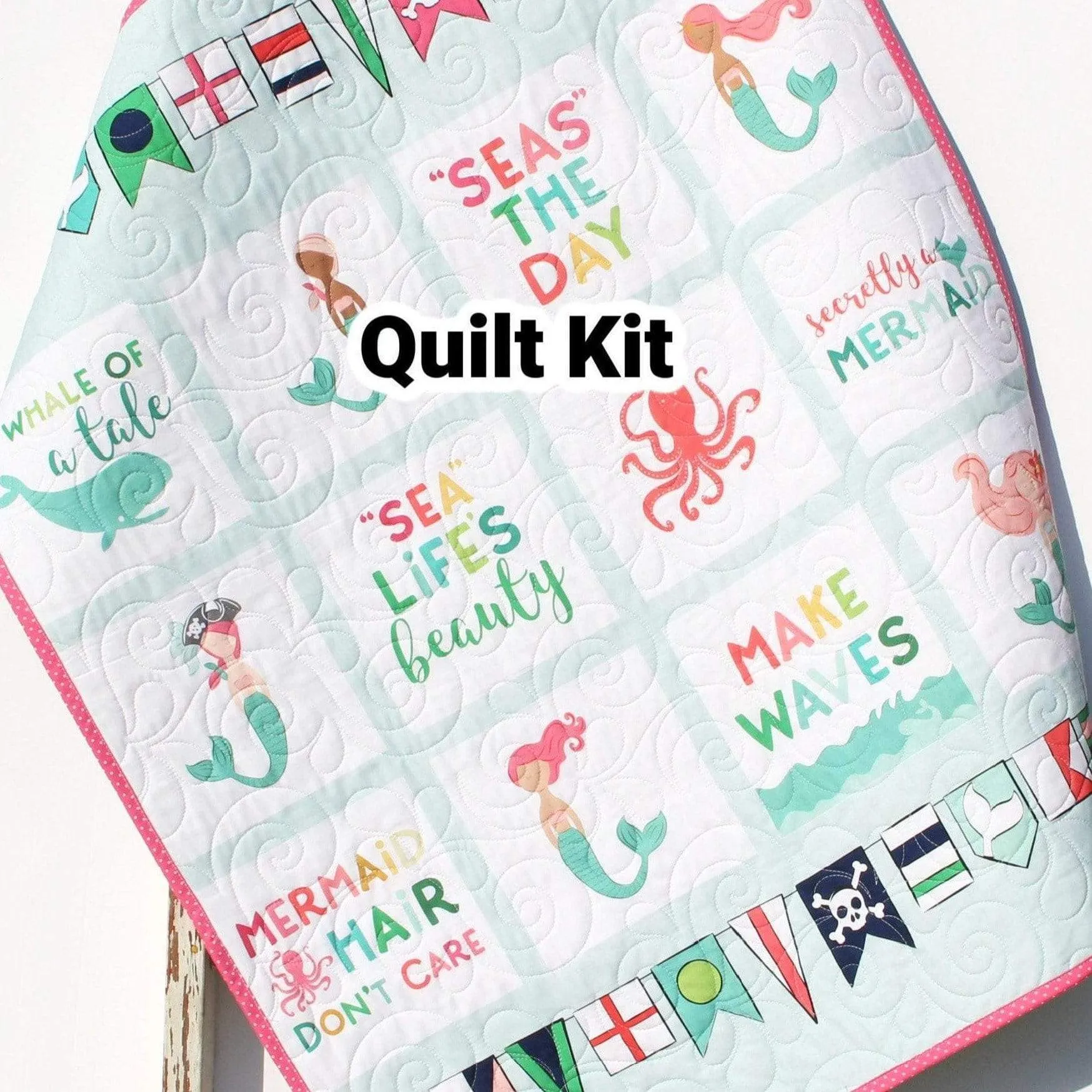 Mermaid Baby Quilt Kit, Sewing Project to Make Yourself, Girls Newborn Bedding, Quilted Blanket Kit Fish Nautical Fabrics Gift for Child Sew