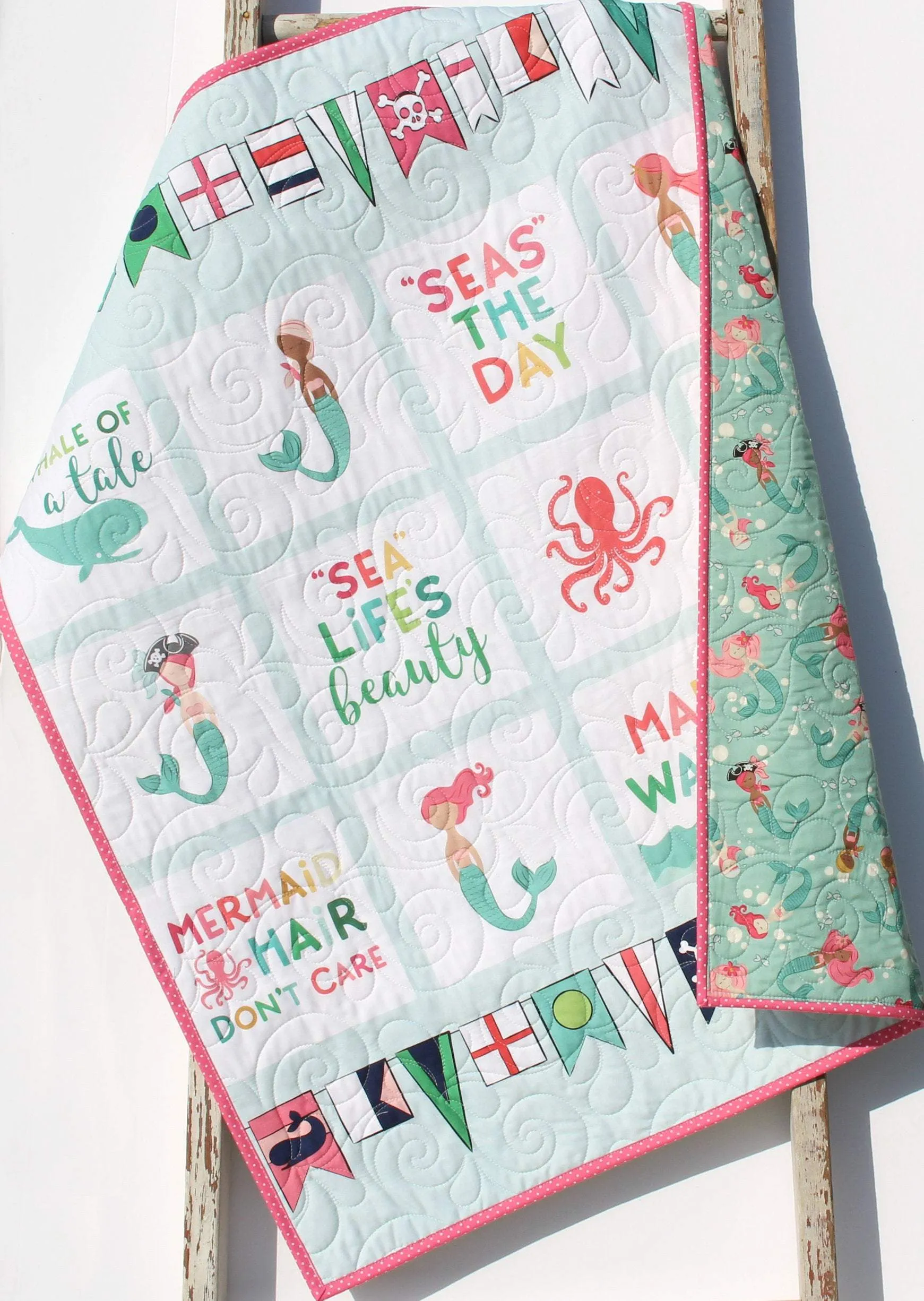 Mermaid Baby Quilt Kit, Sewing Project to Make Yourself, Girls Newborn Bedding, Quilted Blanket Kit Fish Nautical Fabrics Gift for Child Sew
