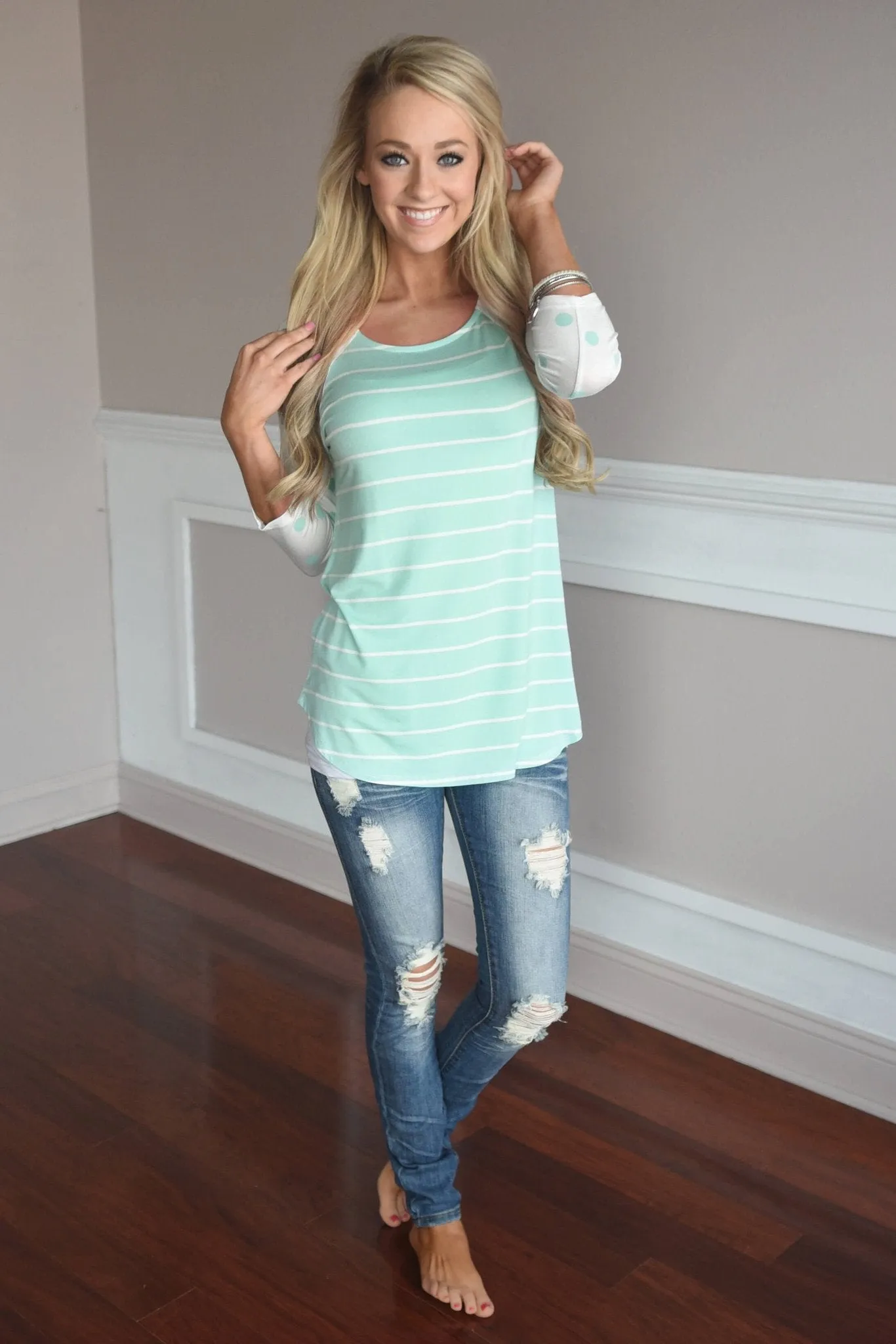 Mint Polka Dot & Stripes Top