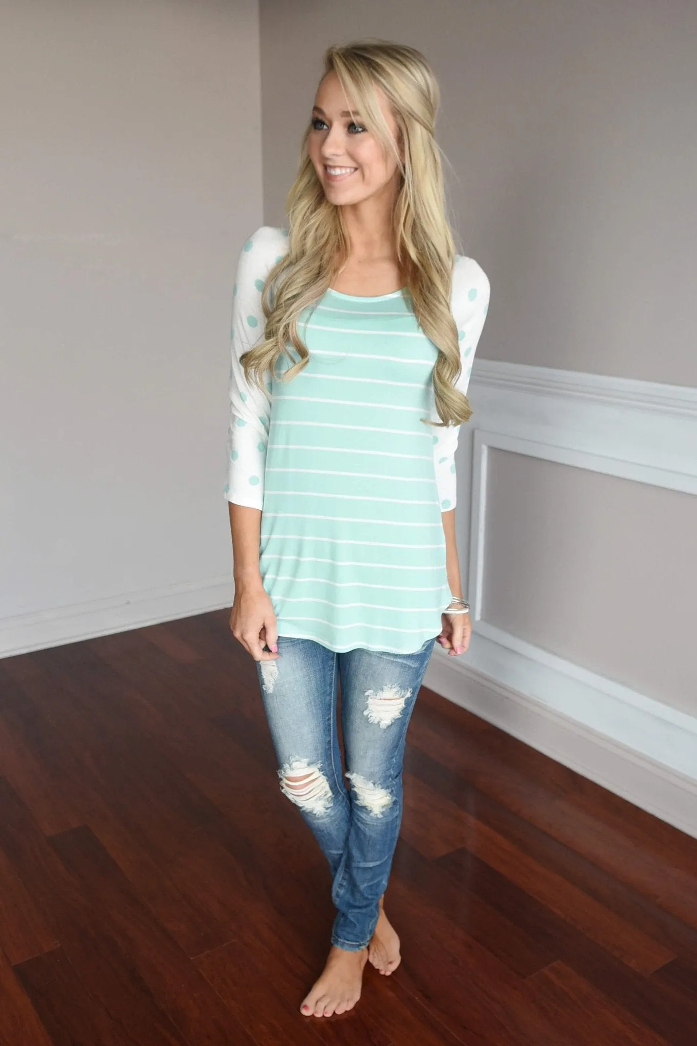 Mint Polka Dot & Stripes Top