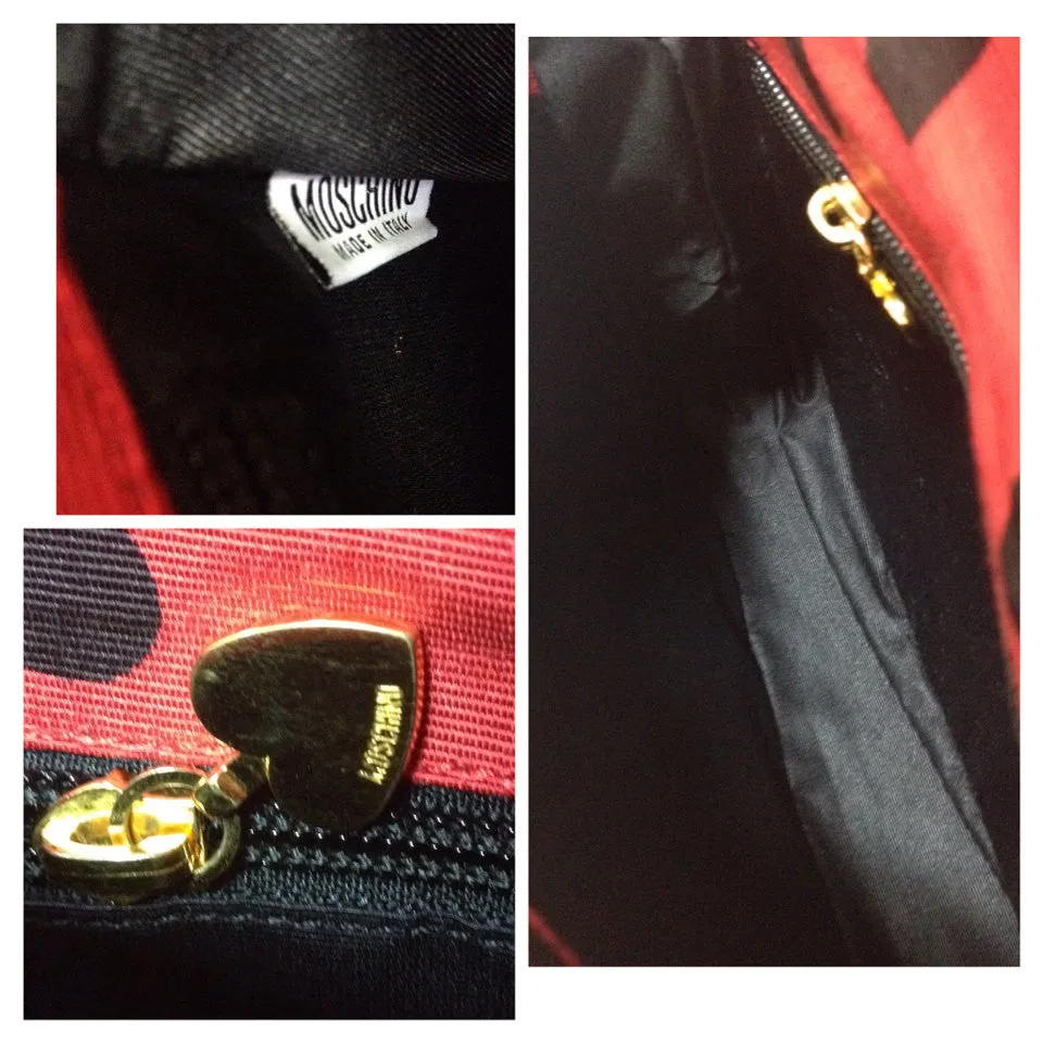 MINT. Vintage Moschino red and black canvas polkadot kelly handbag with a matching rose flower and leaf and crochet fruits motifs. 0506307