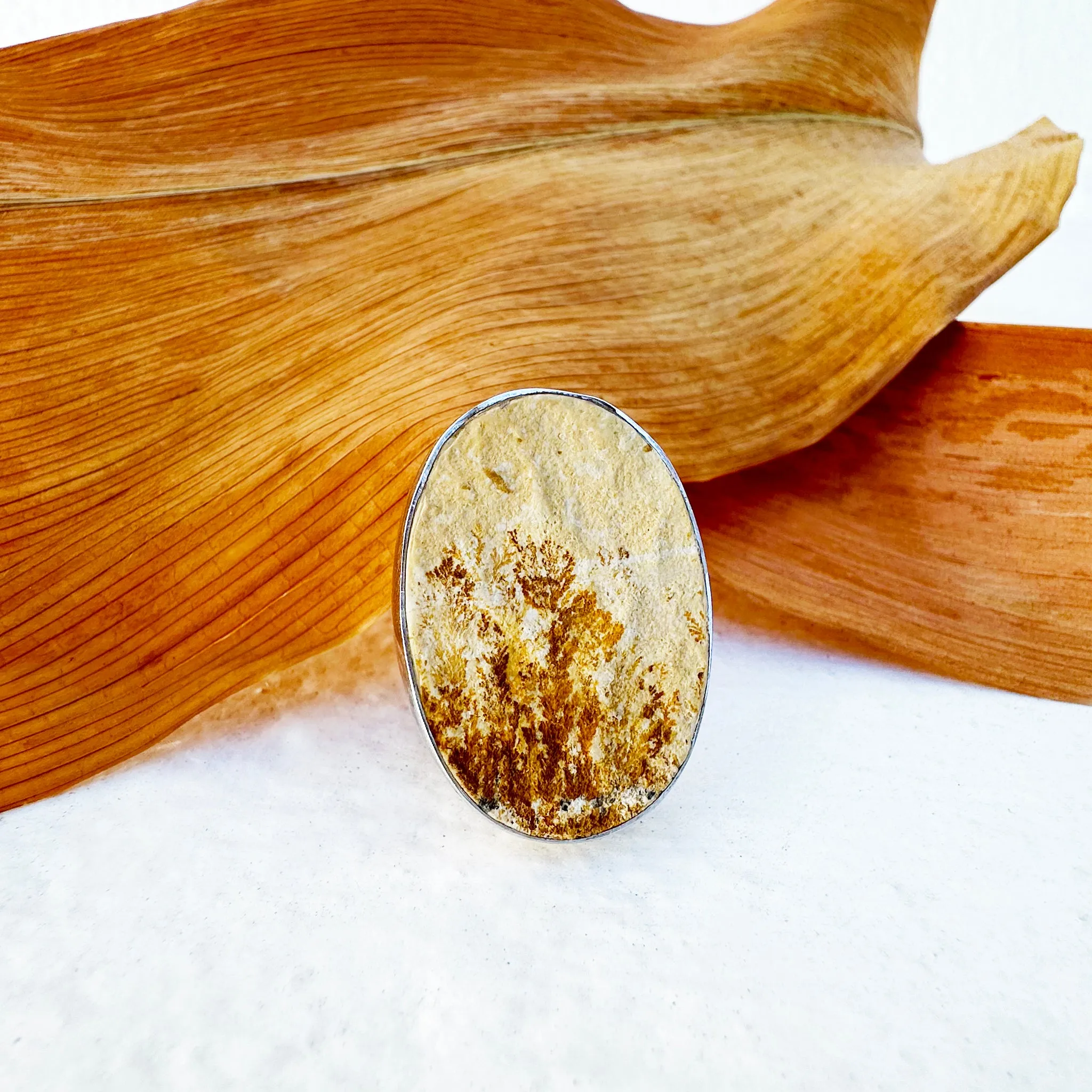 Natural Freeform Oval Leaf Jasper Silver Ring