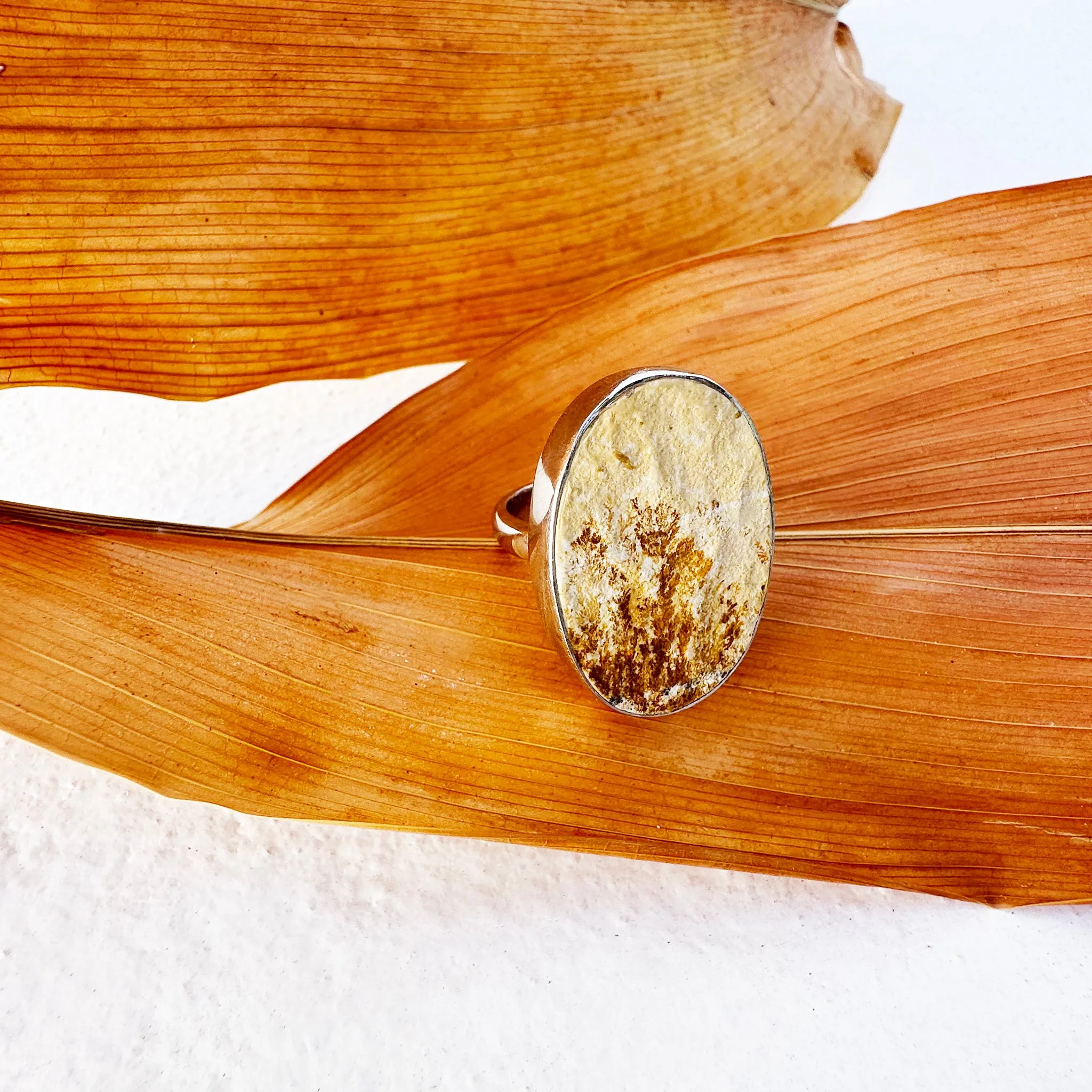 Natural Freeform Oval Leaf Jasper Silver Ring