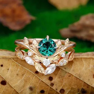 natural Inspired Round Cut Leaf Design Emerald Ring Rose Gold Art Deco Marquise Leaf Band