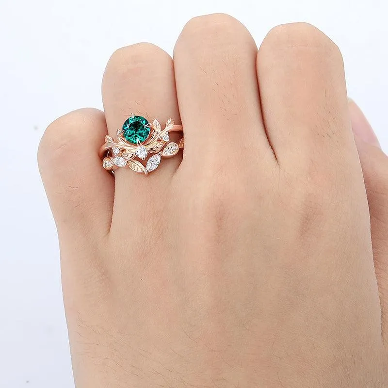 natural Inspired Round Cut Leaf Design Emerald Ring Rose Gold Art Deco Marquise Leaf Band