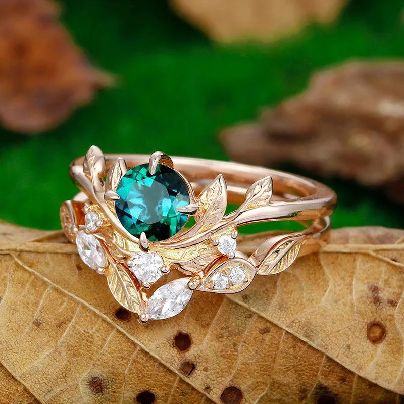 natural Inspired Round Cut Leaf Design Emerald Ring Rose Gold Art Deco Marquise Leaf Band