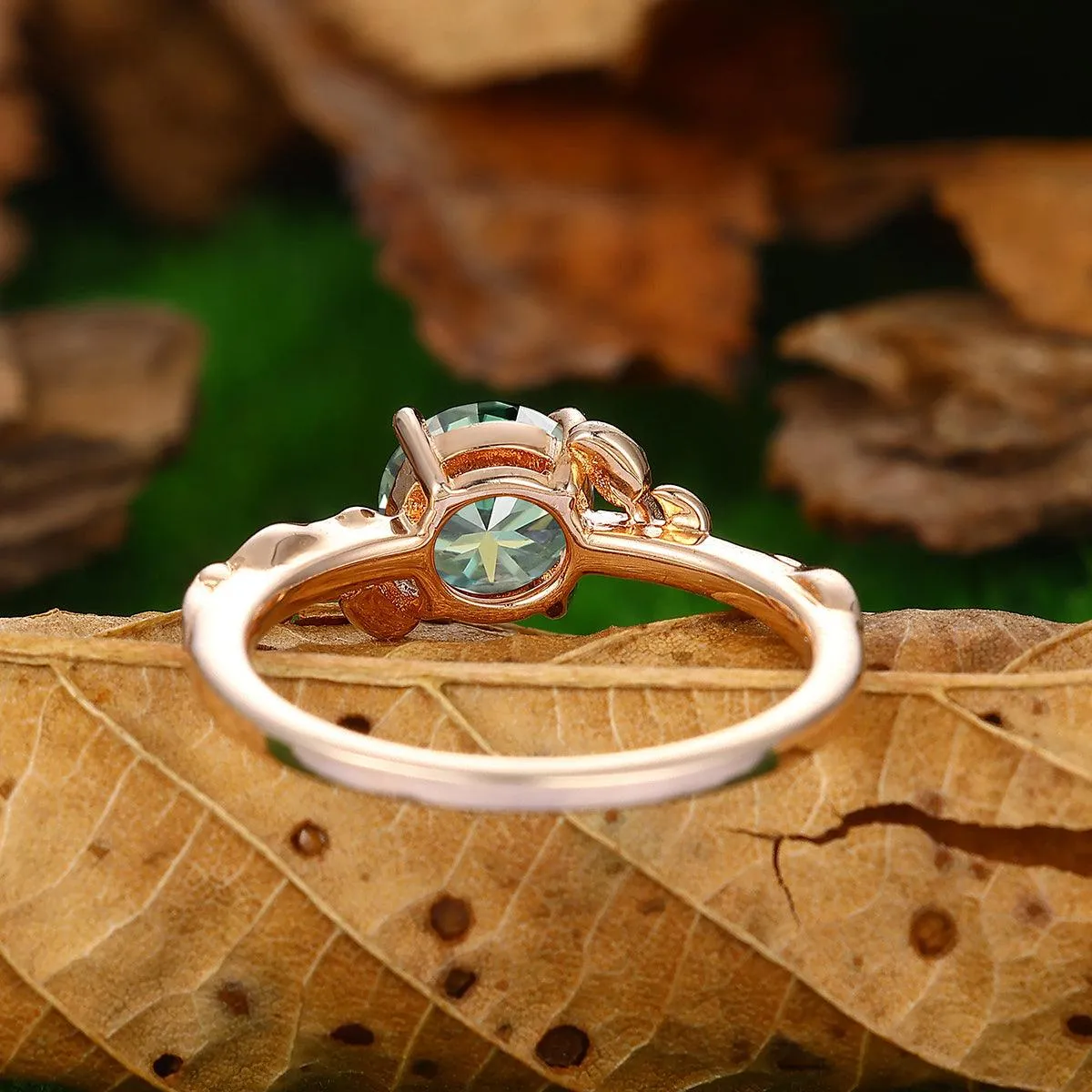 Nature Inspired Leaf Curved Round Cut 14k Gold Blue Moissanite Engagement Ring