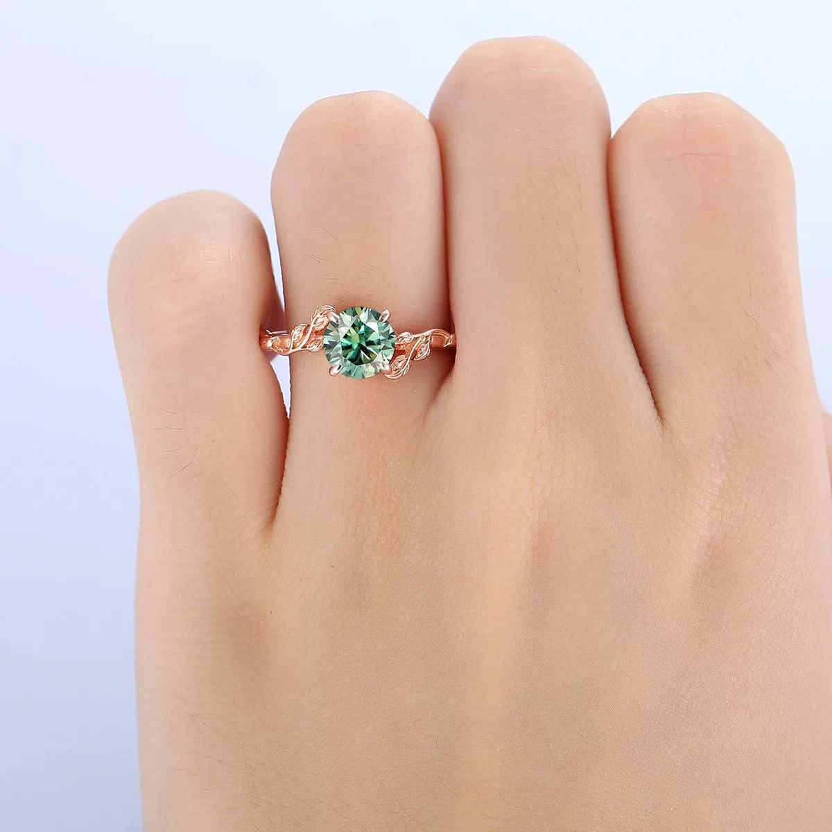 Nature Inspired Leaf Curved Round Cut 14k Gold Blue Moissanite Engagement Ring