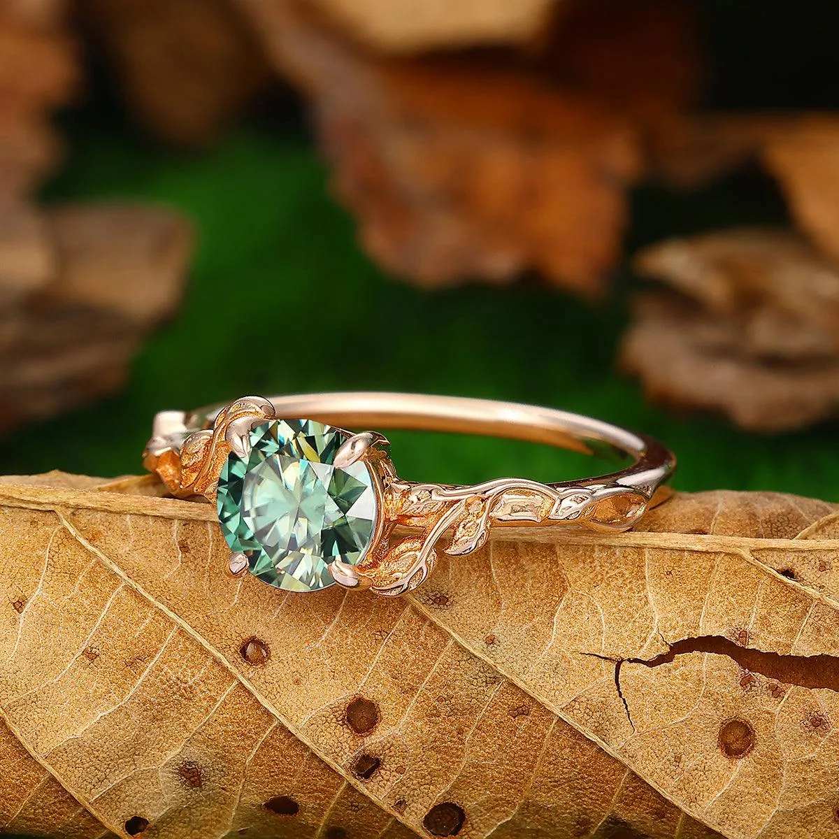 Nature Inspired Leaf Curved Round Cut 14k Gold Blue Moissanite Engagement Ring