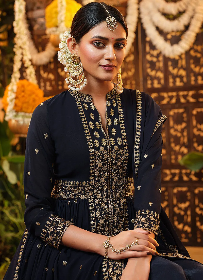 Navy Blue Crystal Embroidered Slit Style Palazzo Suit