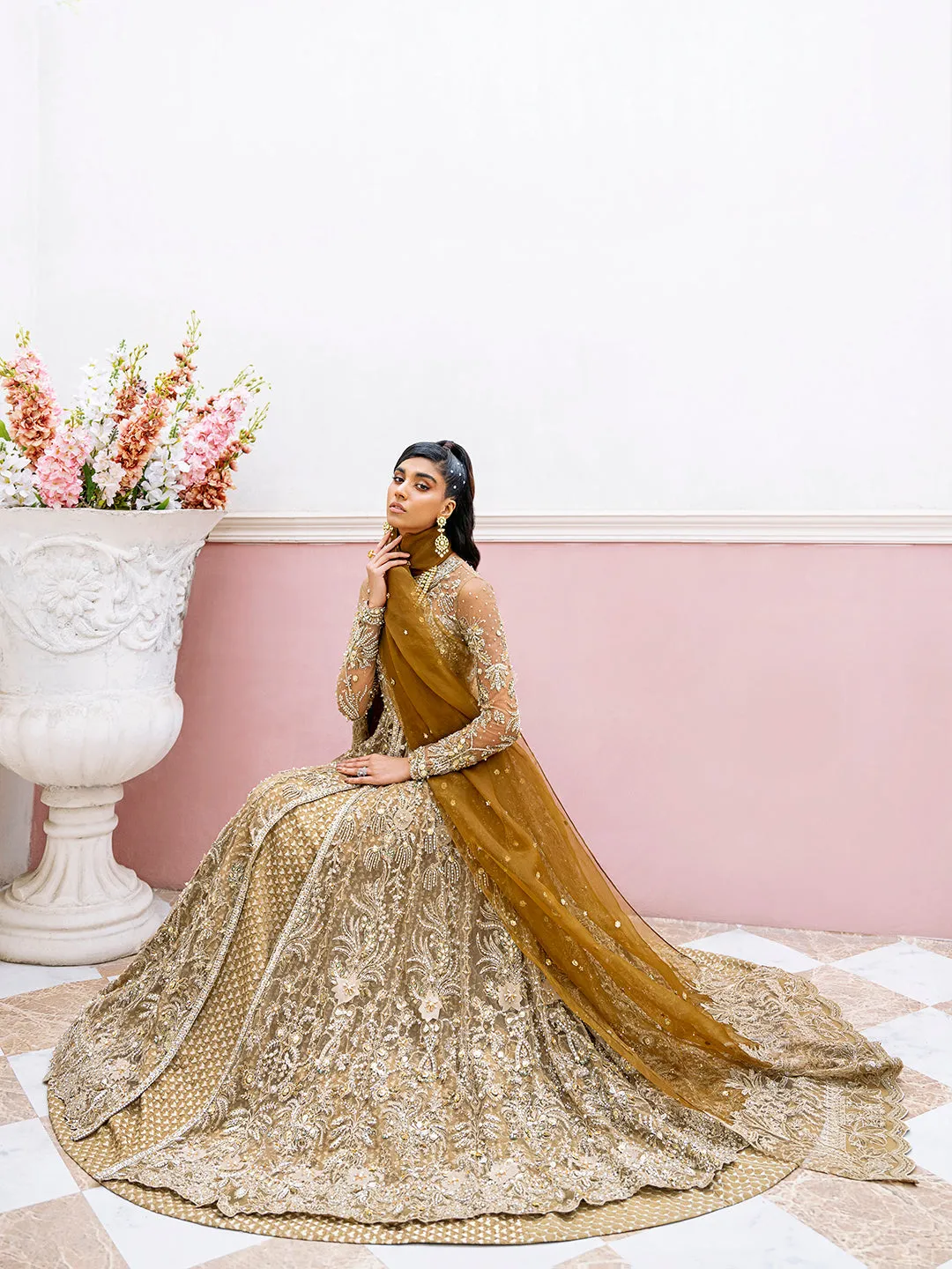 Open Pakistani Bridal Gown and Lehenga Dupatta Dress