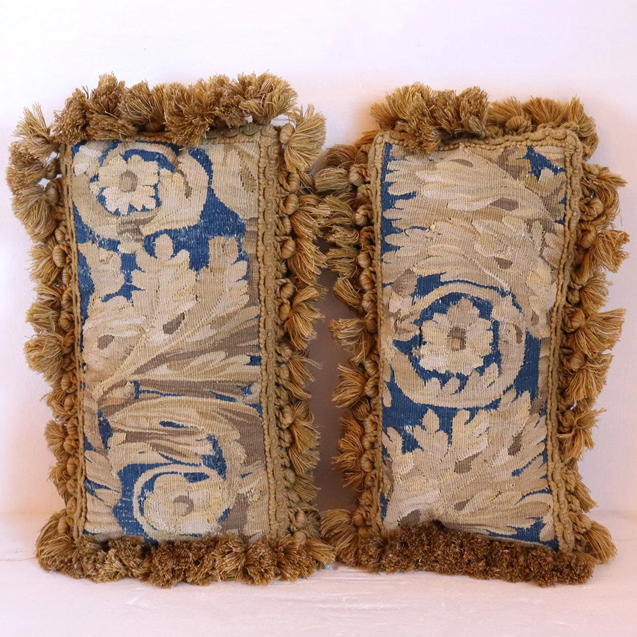 Pair of Flemish Tapestry Upholstered and Tassel Trim Lumbar Throw Pillows