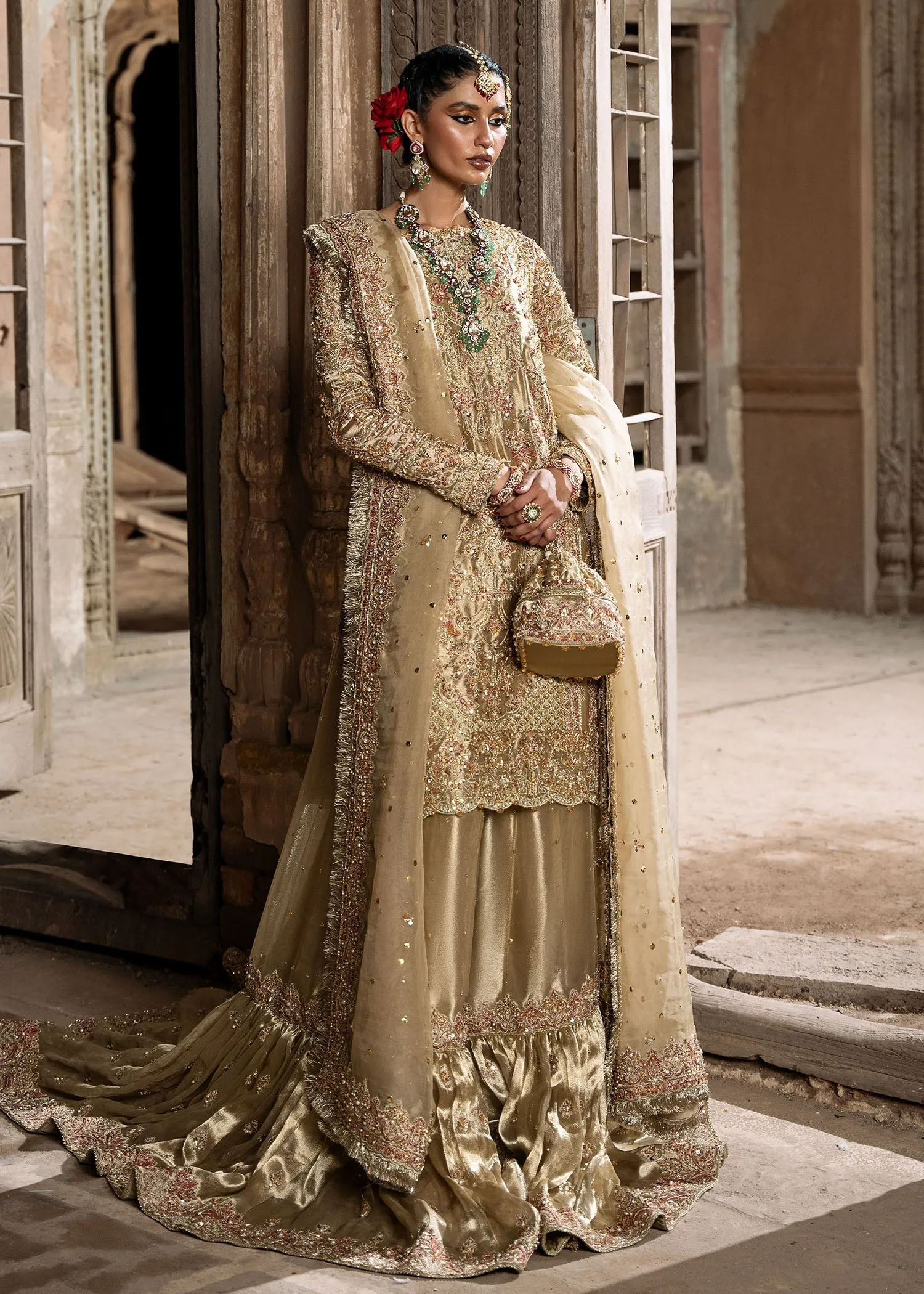Pakistani Bridal Dress in Tissue Shirt Gharara Style