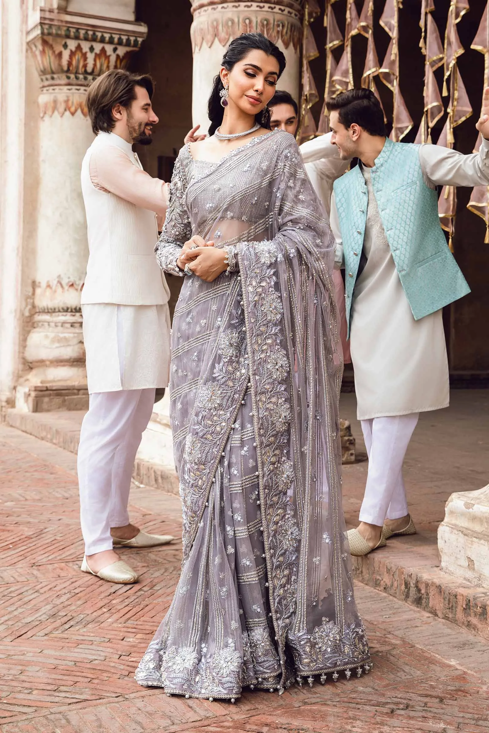 Pakistani Bridal Dress in Wedding Saree Style in Net