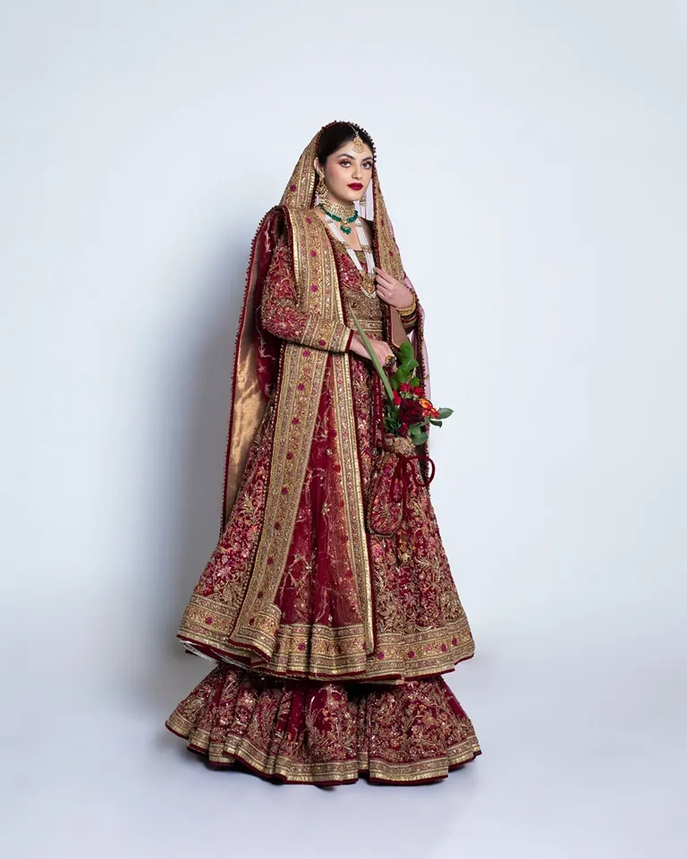 Pakistani Bridal Pishwas Frock with Red Sharara Dress