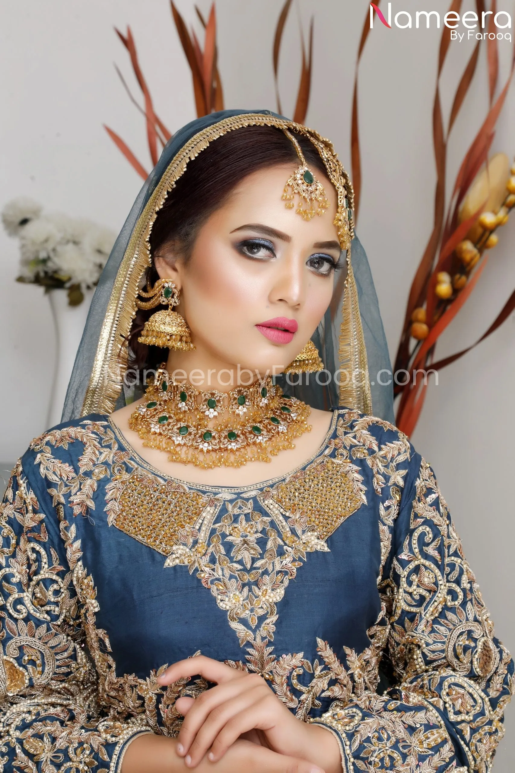 Pakistani Raw Silk Blue Bridal Lehenga Dress #BS604