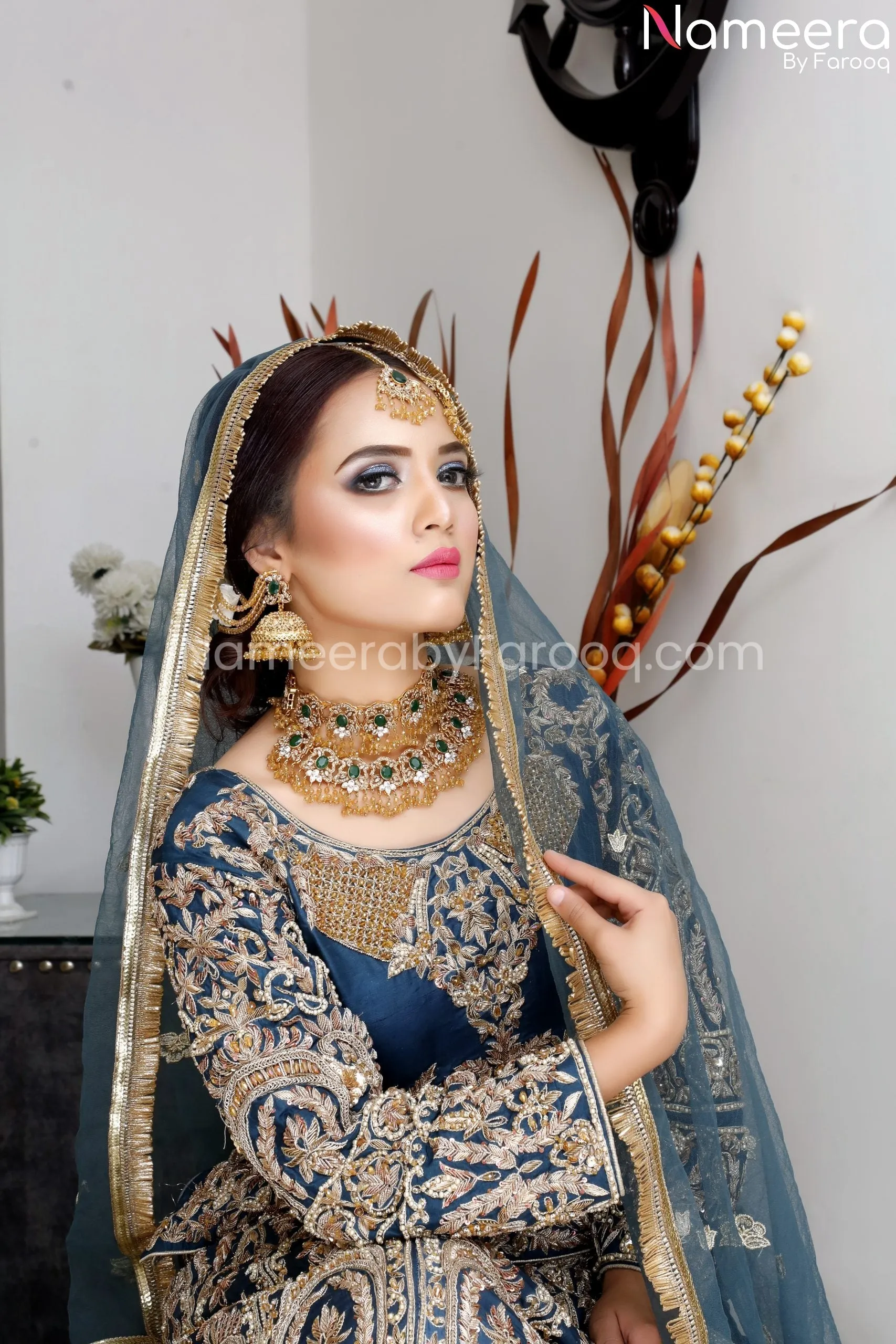 Pakistani Raw Silk Blue Bridal Lehenga Dress #BS604