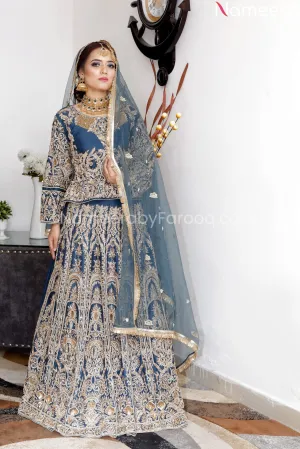Pakistani Raw Silk Blue Bridal Lehenga Dress #BS604