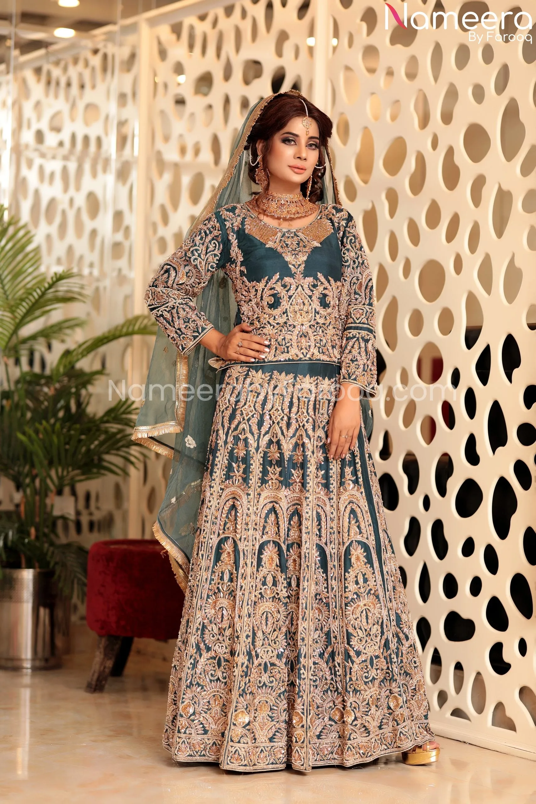 Pakistani Raw Silk Blue Bridal Lehenga Dress #BS604