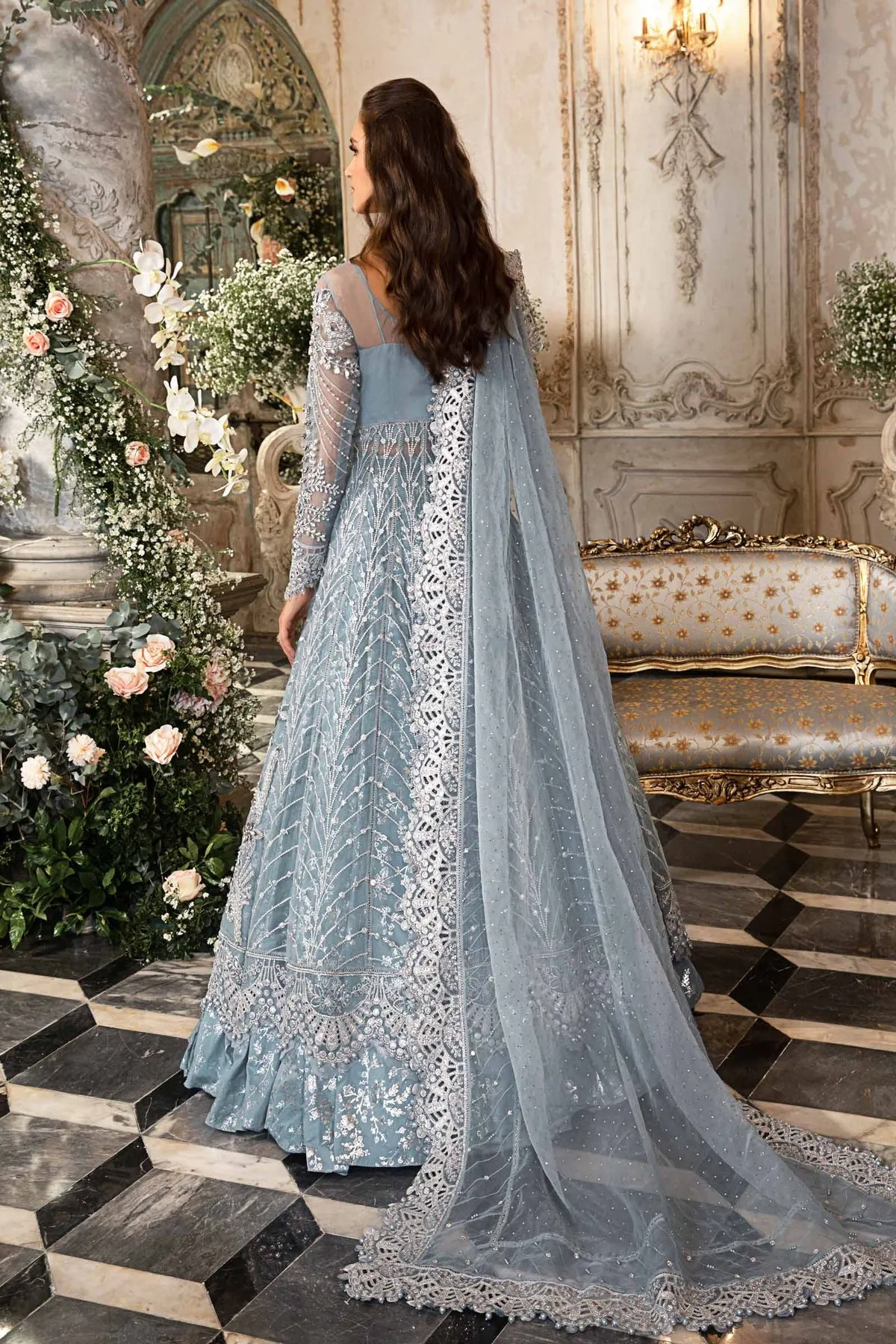 Pakistani Wedding Dress in Blue Lehenga Pishwas Style
