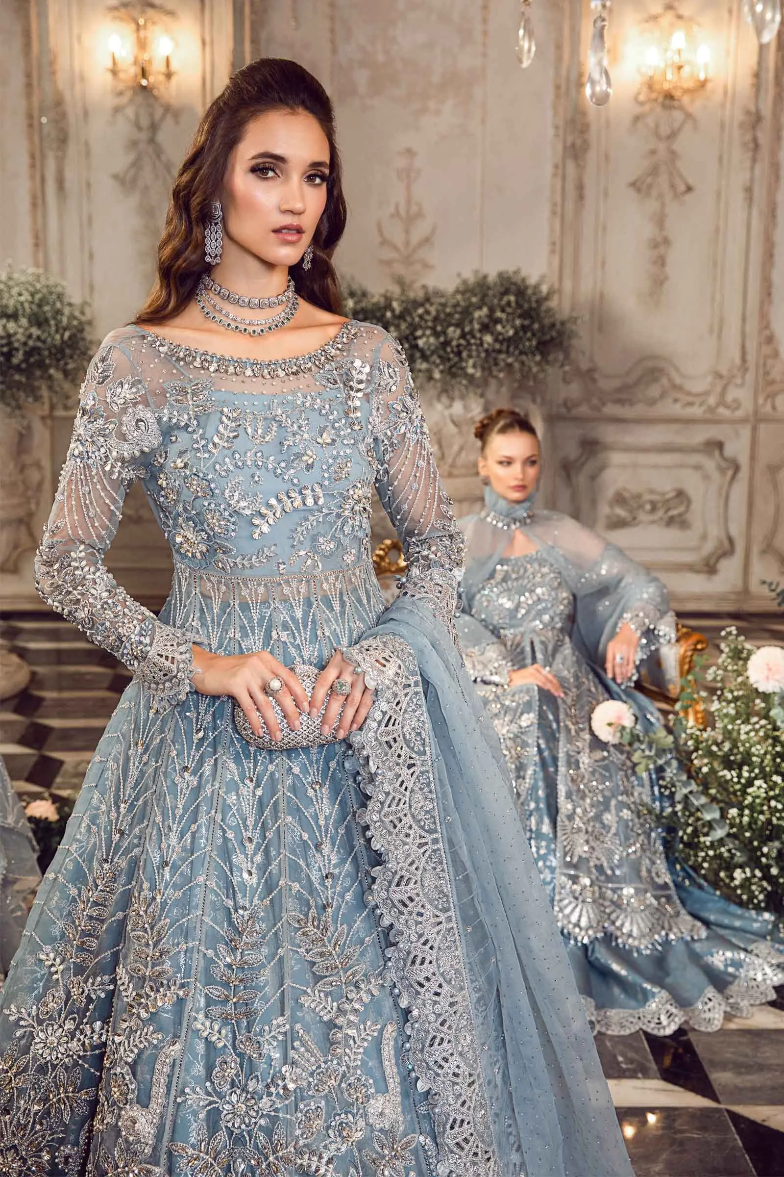 Pakistani Wedding Dress in Blue Lehenga Pishwas Style