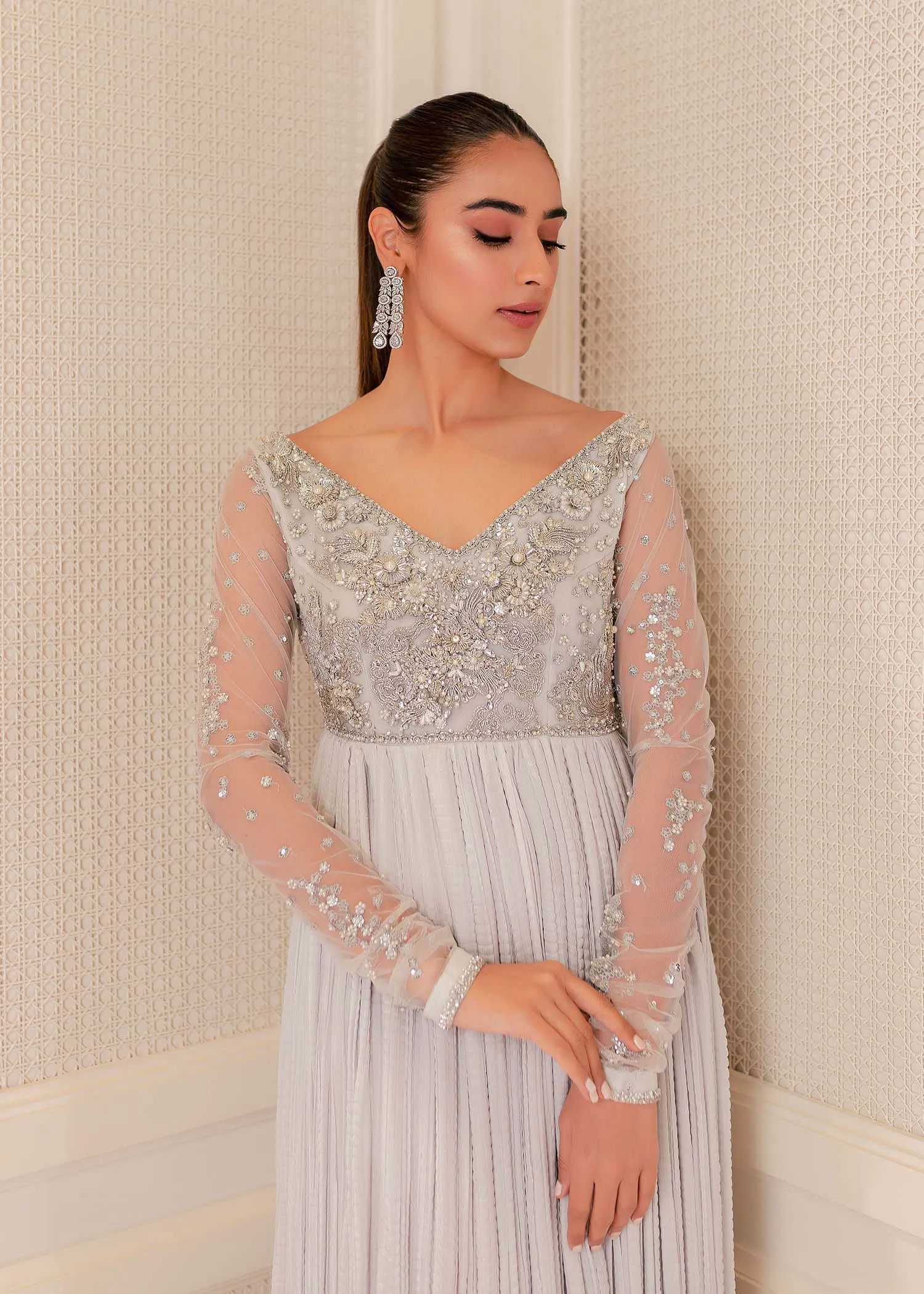 Pakistani Wedding Dress in Grey Maxi and Dupatta Style