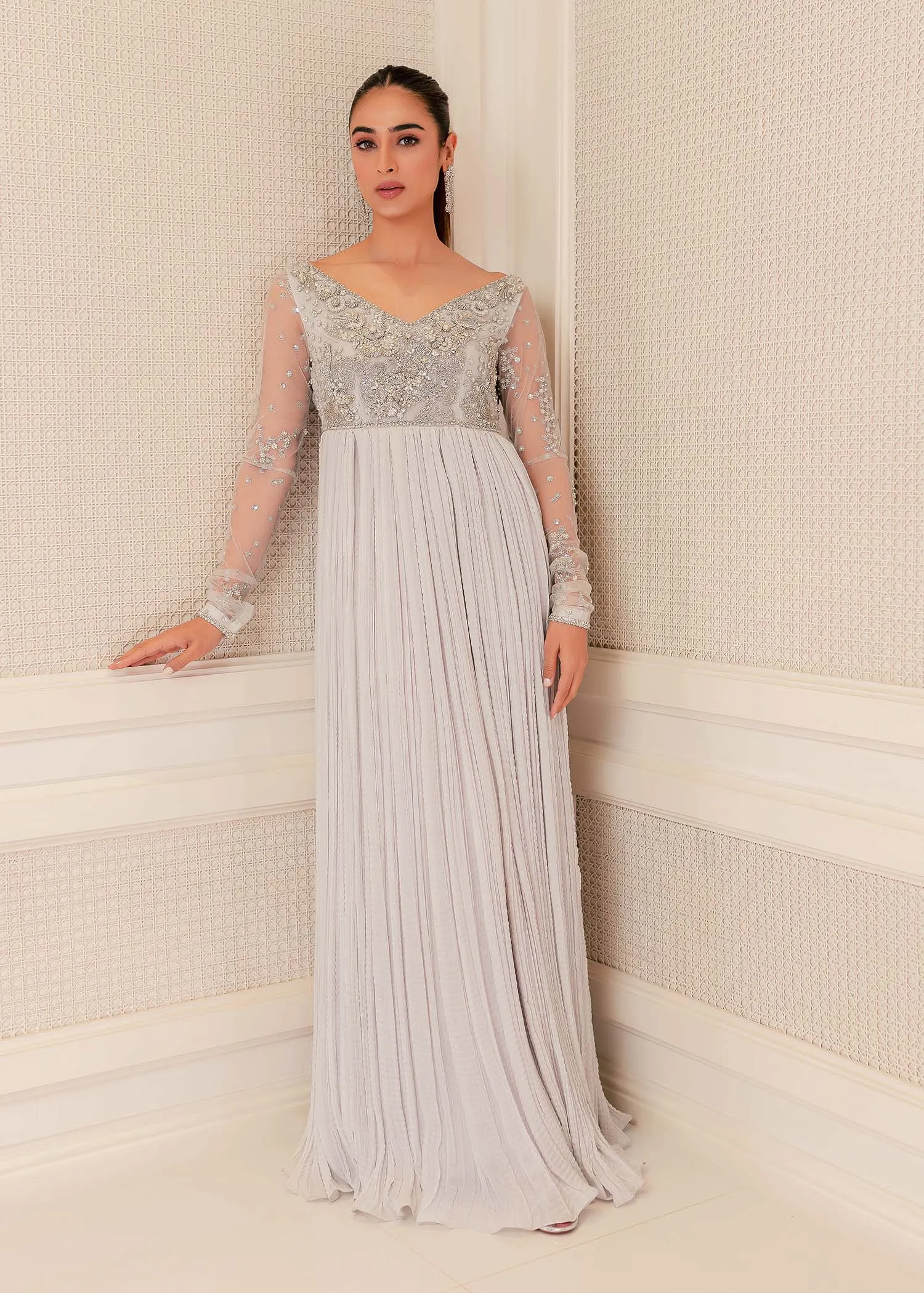 Pakistani Wedding Dress in Grey Maxi and Dupatta Style