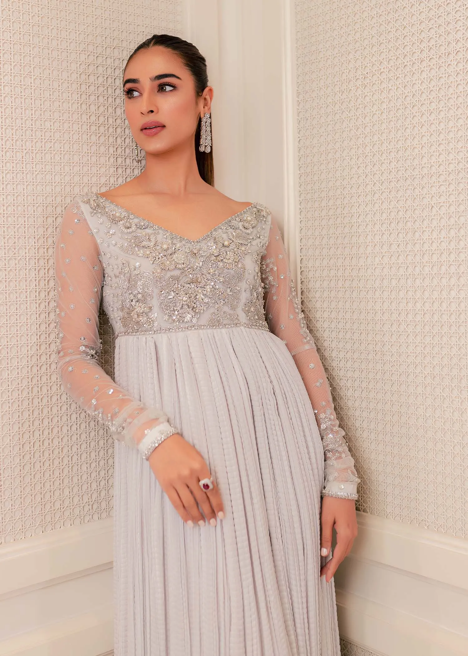 Pakistani Wedding Dress in Grey Maxi and Dupatta Style