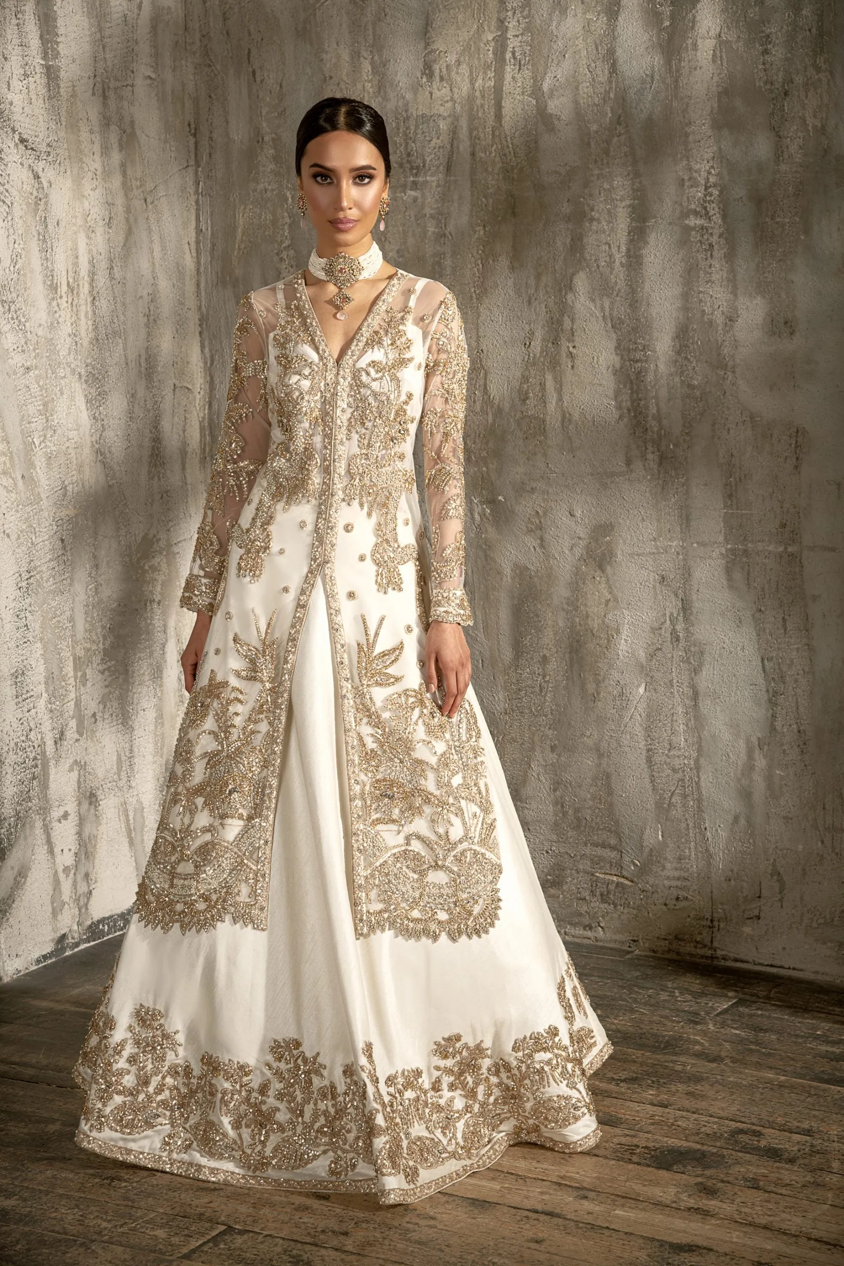 Pakistani White Lehenga with Front Open Frock #BS868