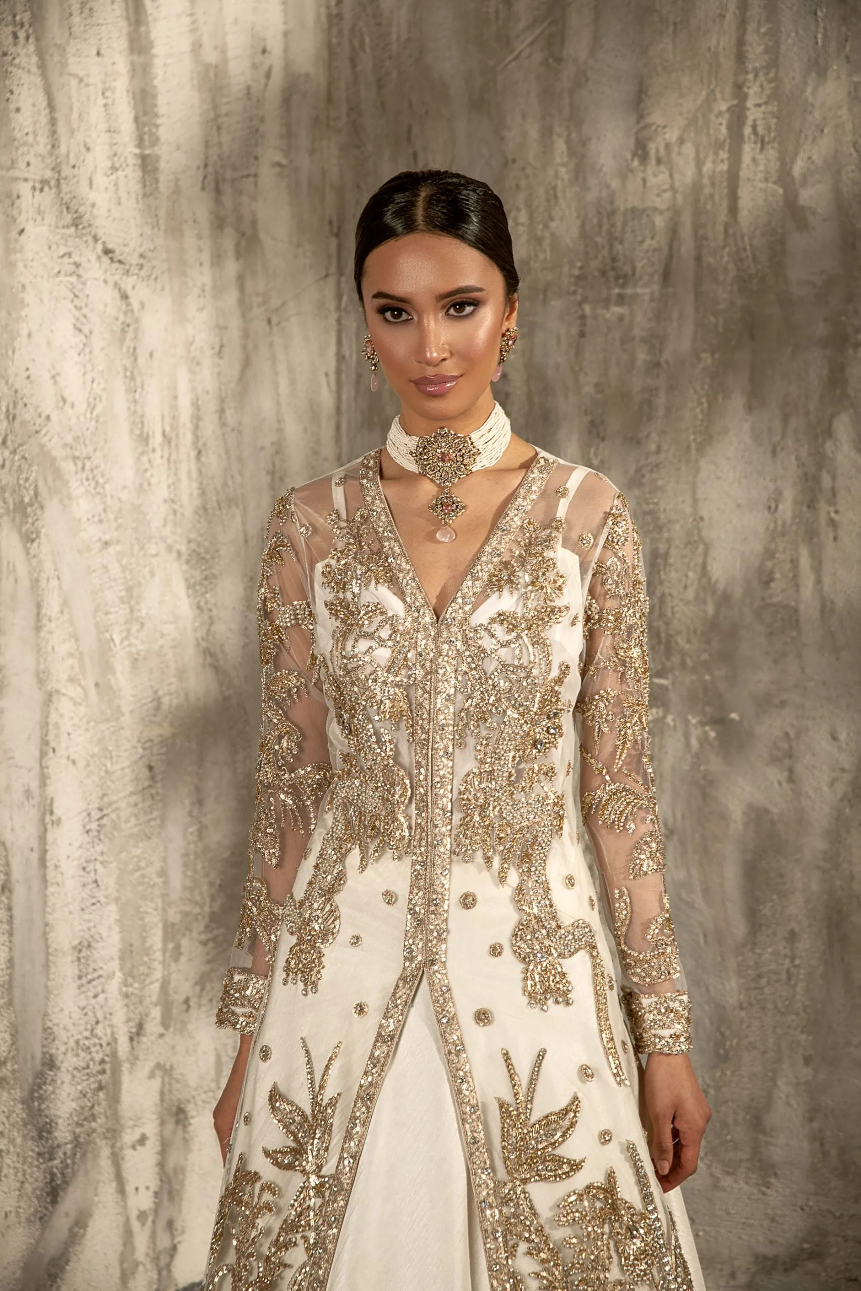 Pakistani White Lehenga with Front Open Frock #BS868