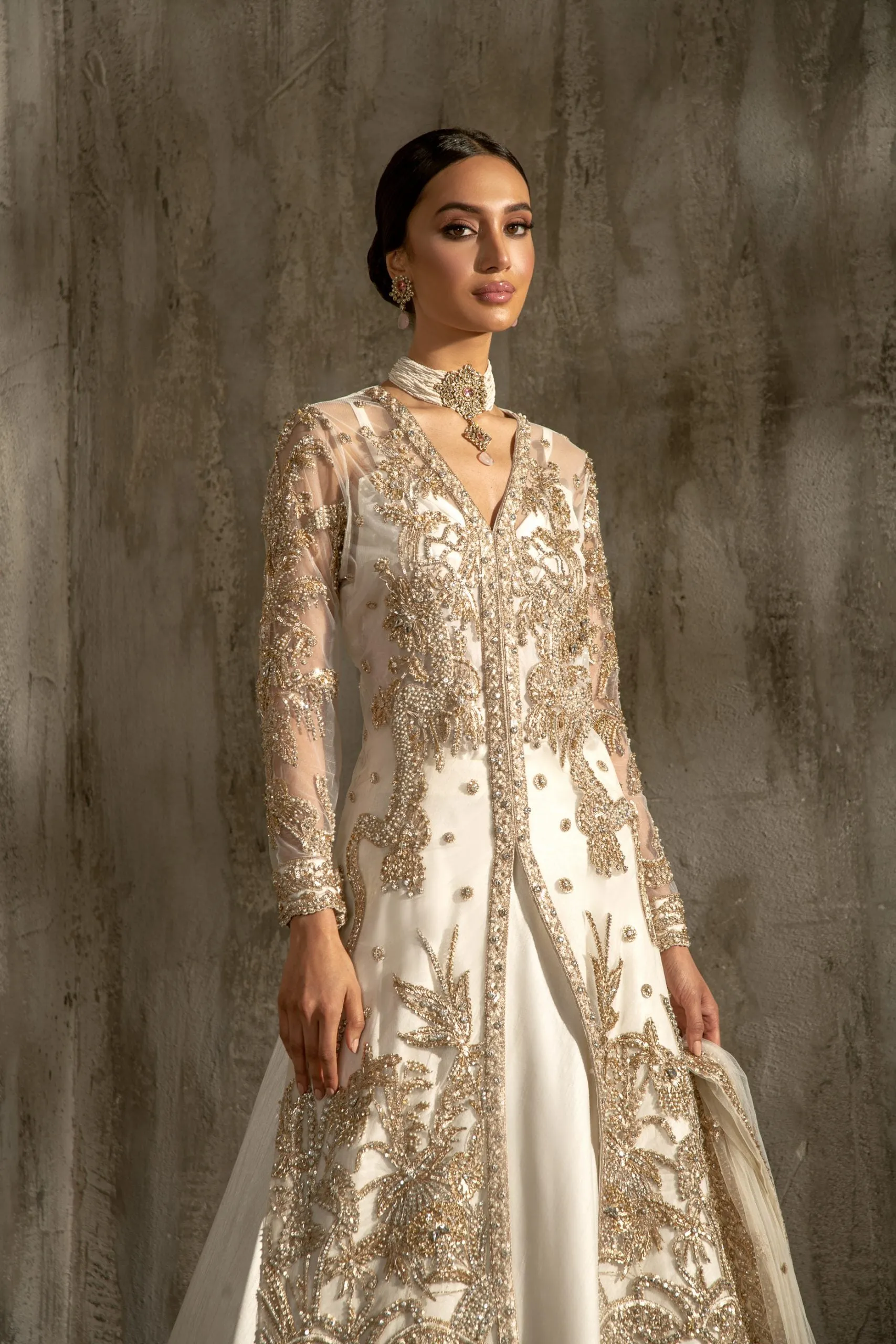 Pakistani White Lehenga with Front Open Frock #BS868
