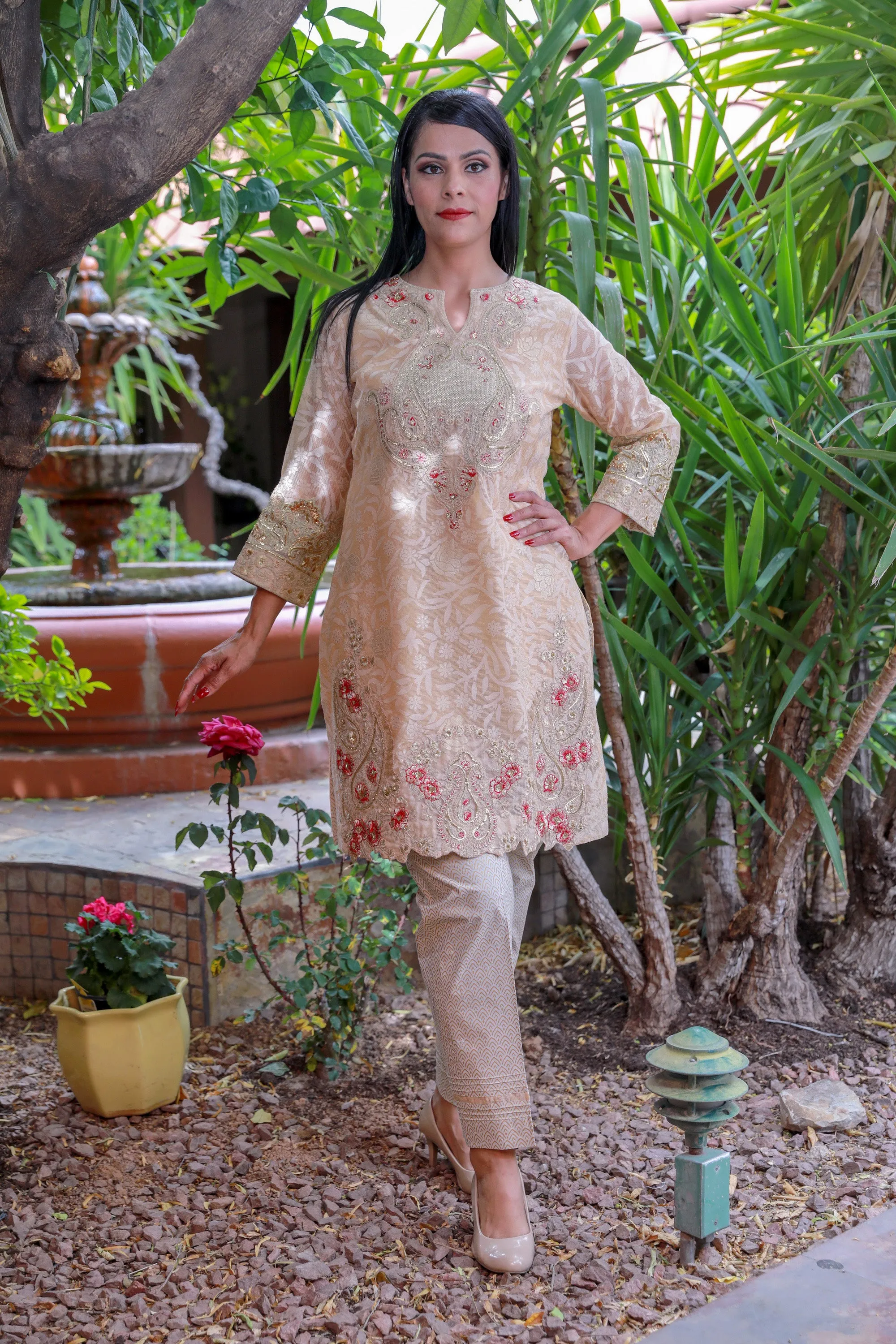 Pale Pink Cotton Salwar Kameez Suit with Floral Design
