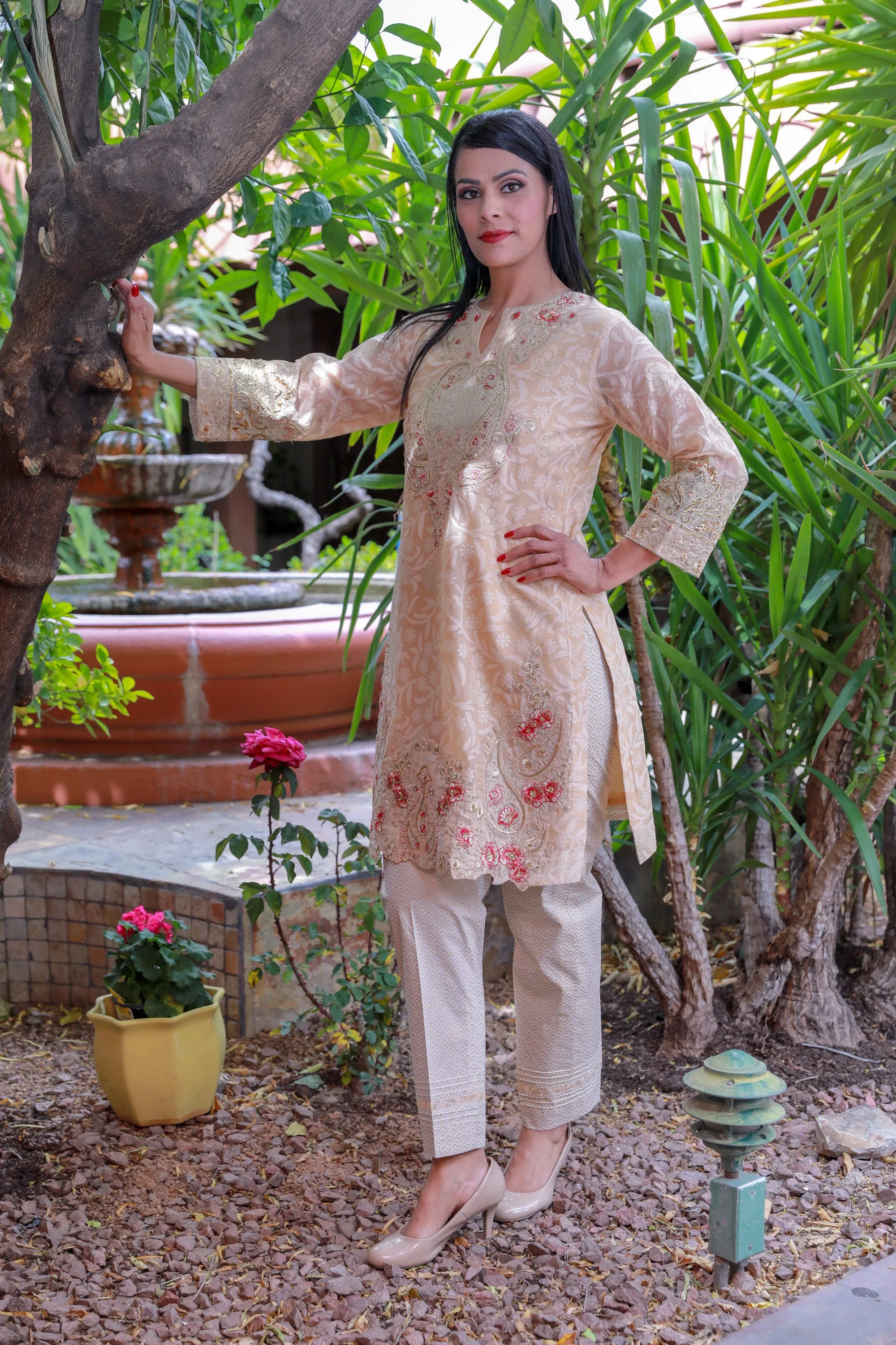 Pale Pink Cotton Salwar Kameez Suit with Floral Design