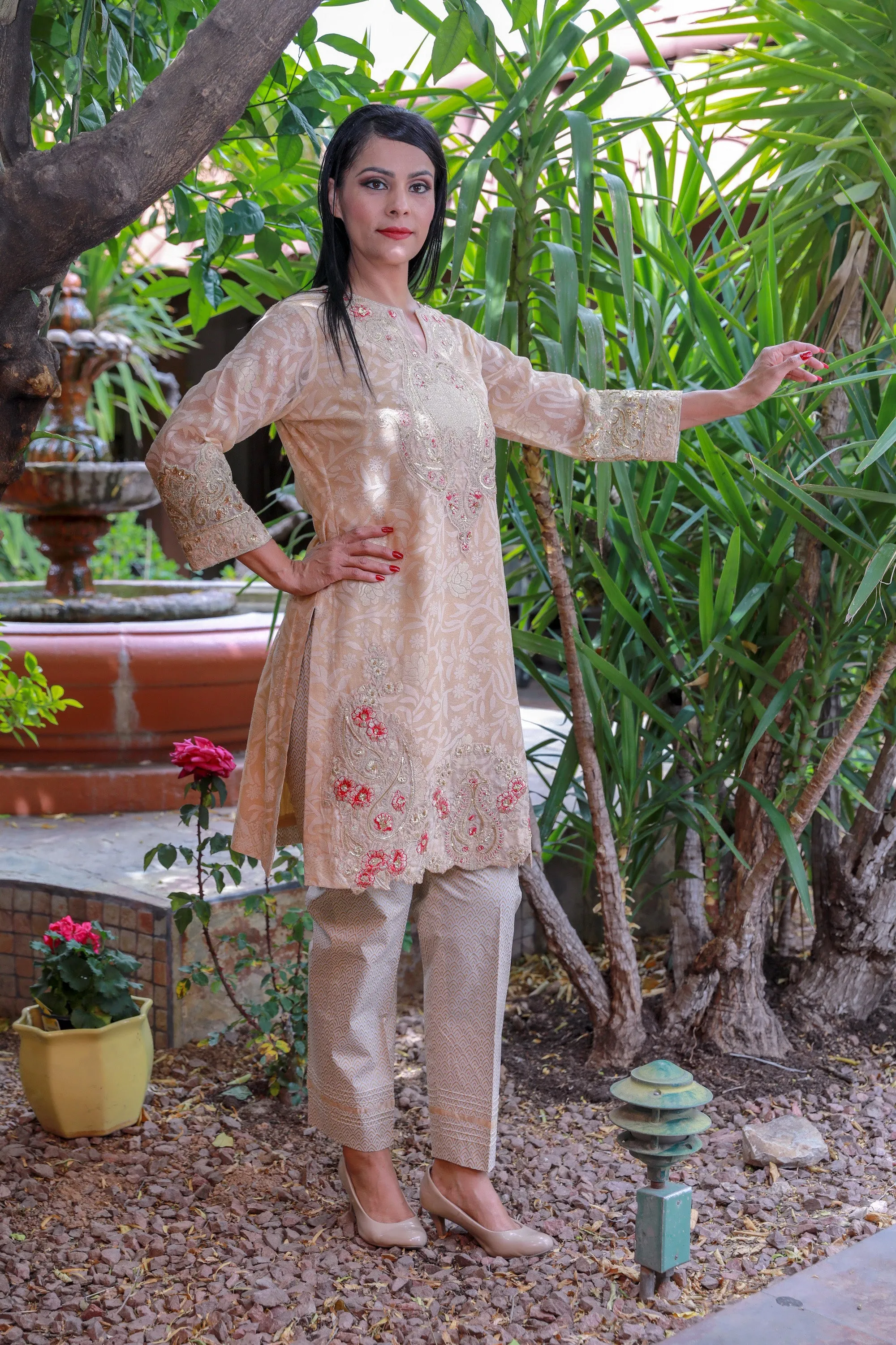 Pale Pink Cotton Salwar Kameez Suit with Floral Design