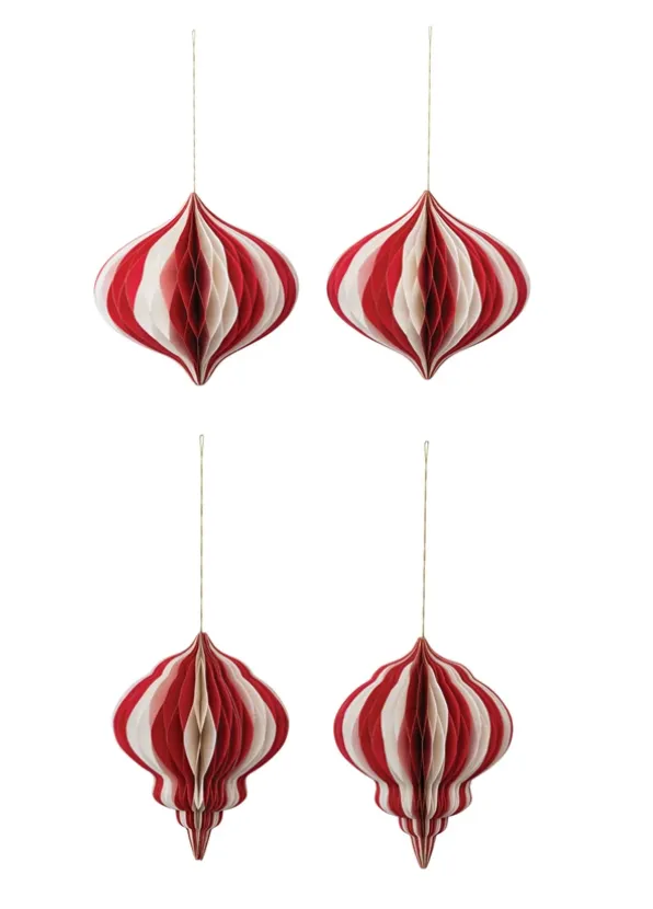 Paper Folding Honeycomb Ornament w/ Gold Glitter Edge, Cream Color & Red