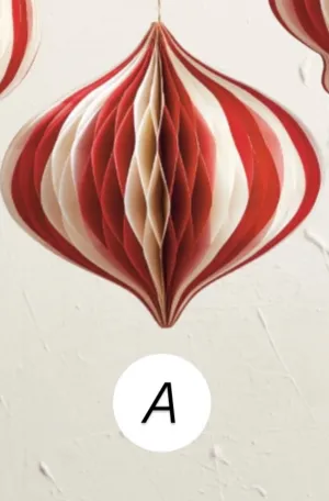 Paper Folding Honeycomb Ornament w/ Gold Glitter Edge, Cream Color & Red