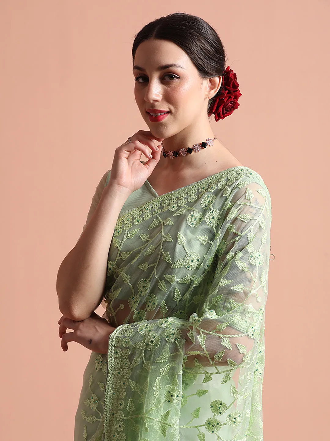 Party Wear Pista Green Floral Embroidered Net Saree