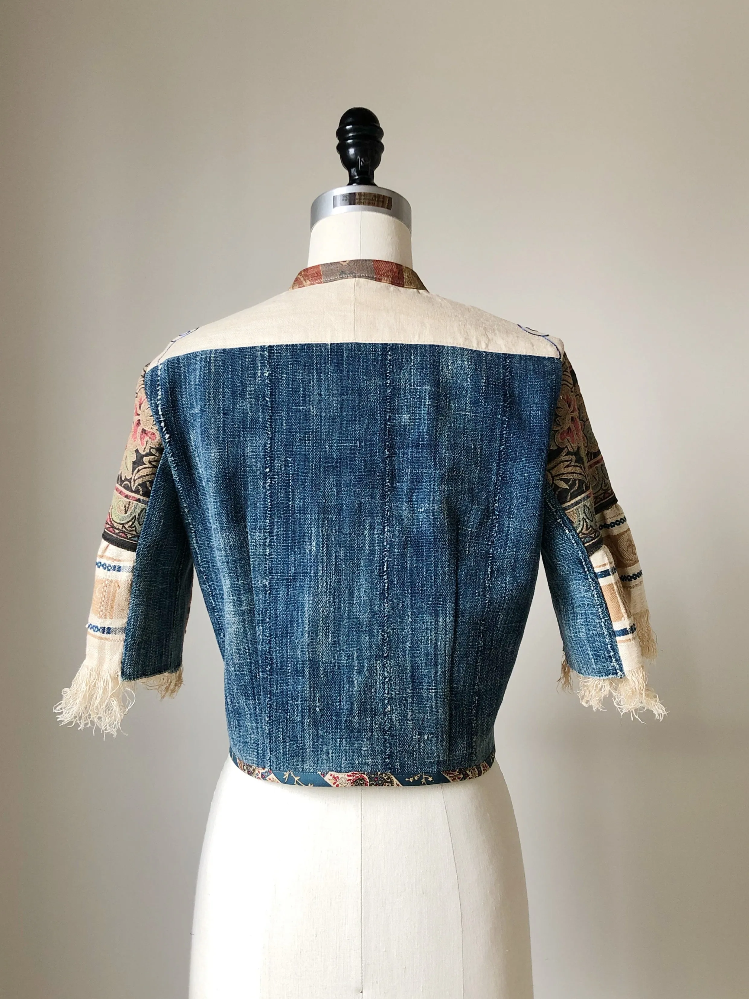 patched butterfly embroidery and African indigo cloth shirt jacket