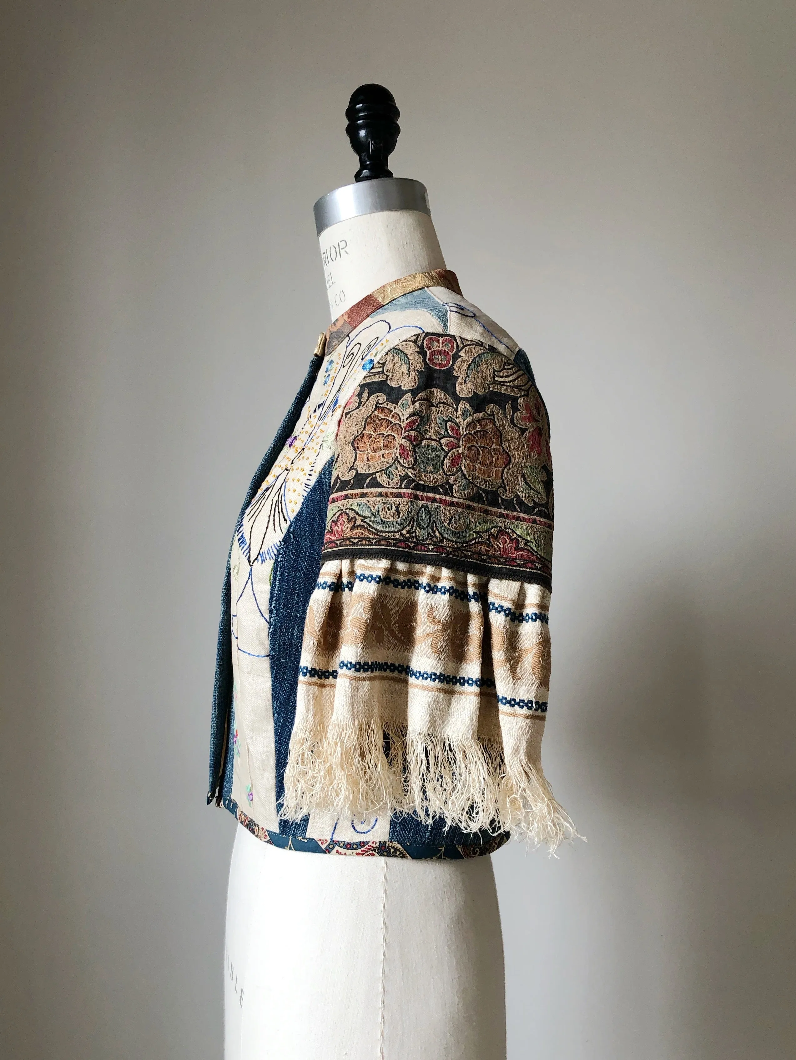 patched butterfly embroidery and African indigo cloth shirt jacket