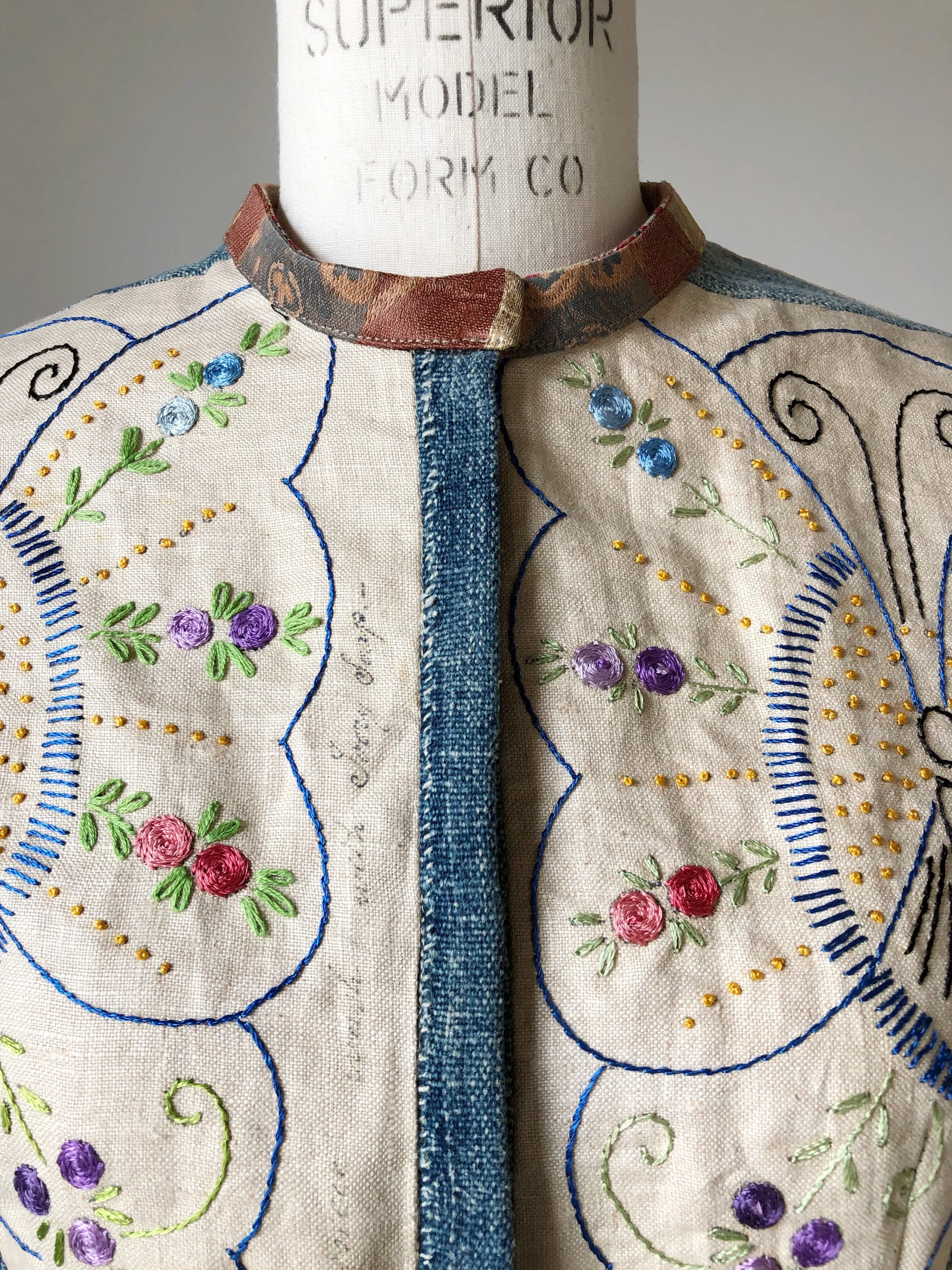 patched butterfly embroidery and African indigo cloth shirt jacket