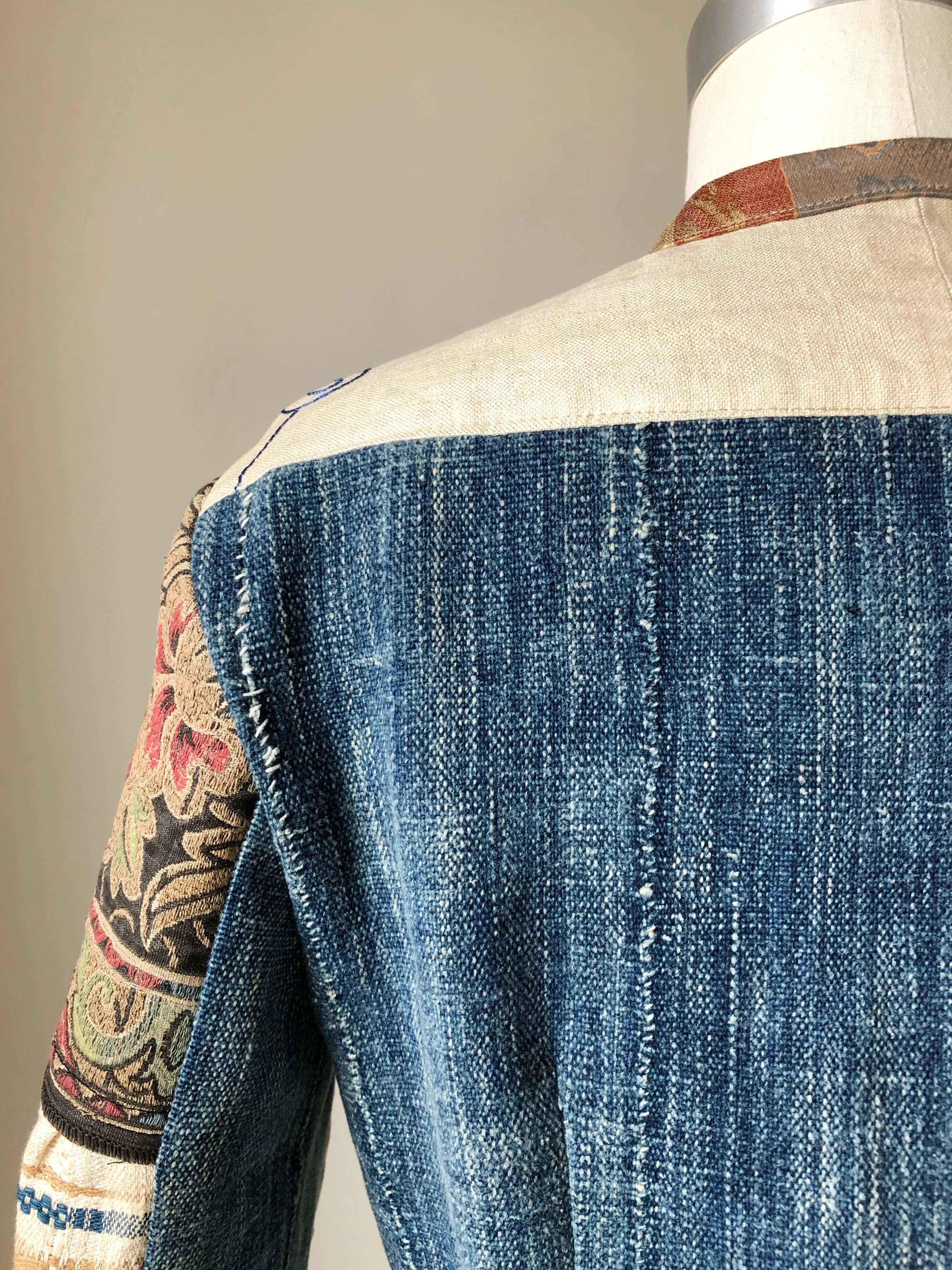 patched butterfly embroidery and African indigo cloth shirt jacket