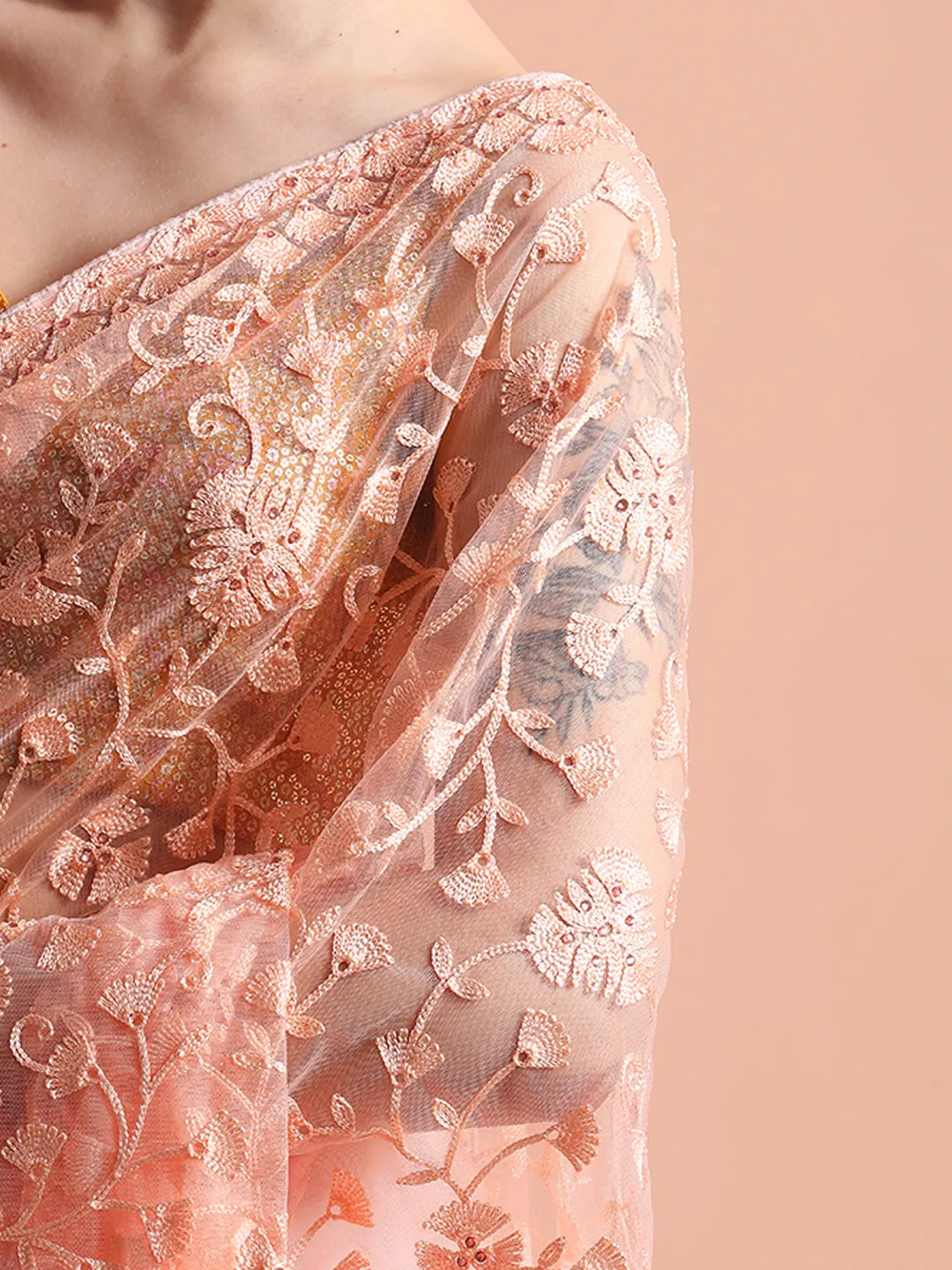 Peach Party Wear Floral Embroidered Net Saree